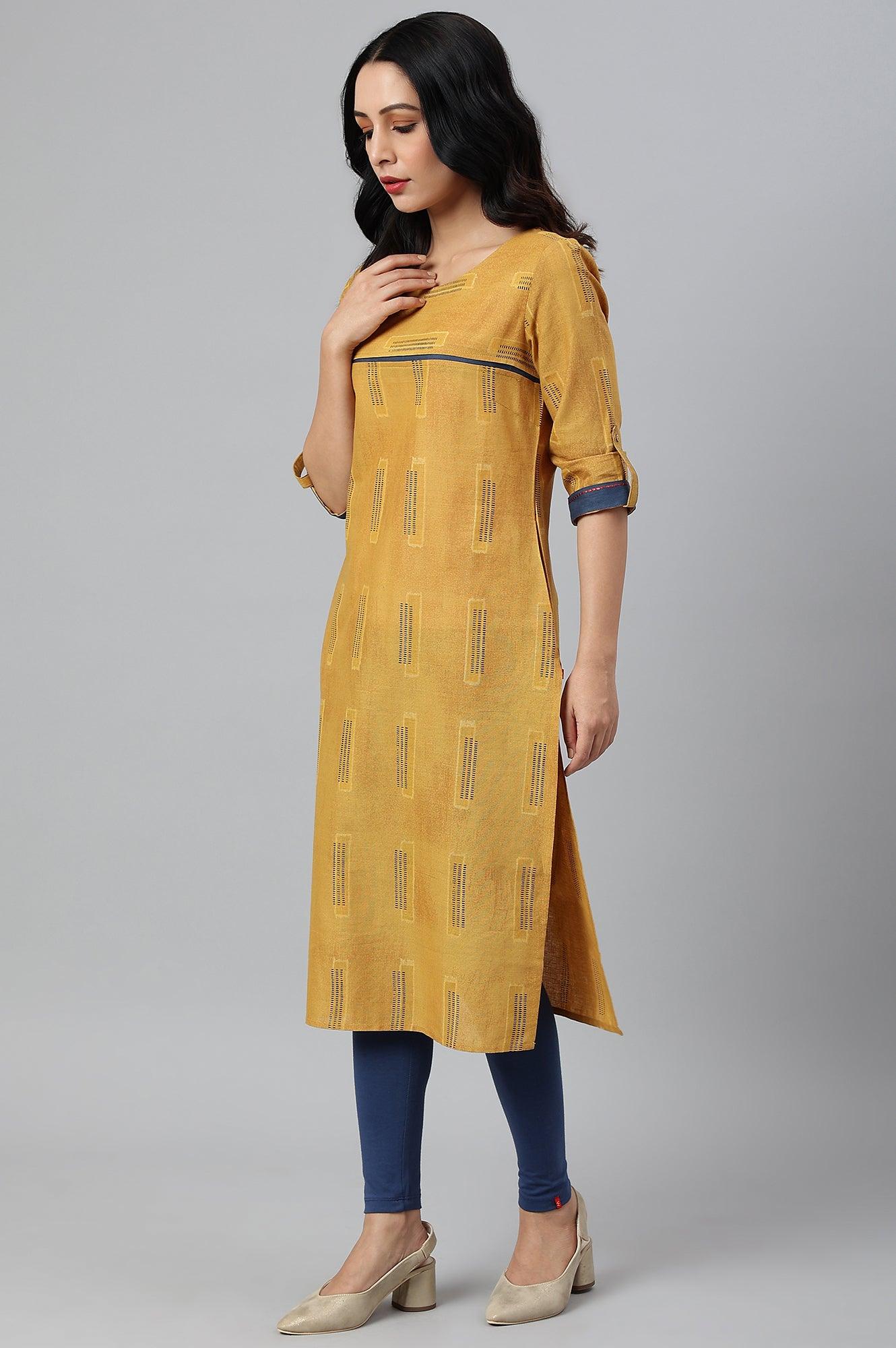 Mustard Kantha Printed Contemporary kurta - wforwoman