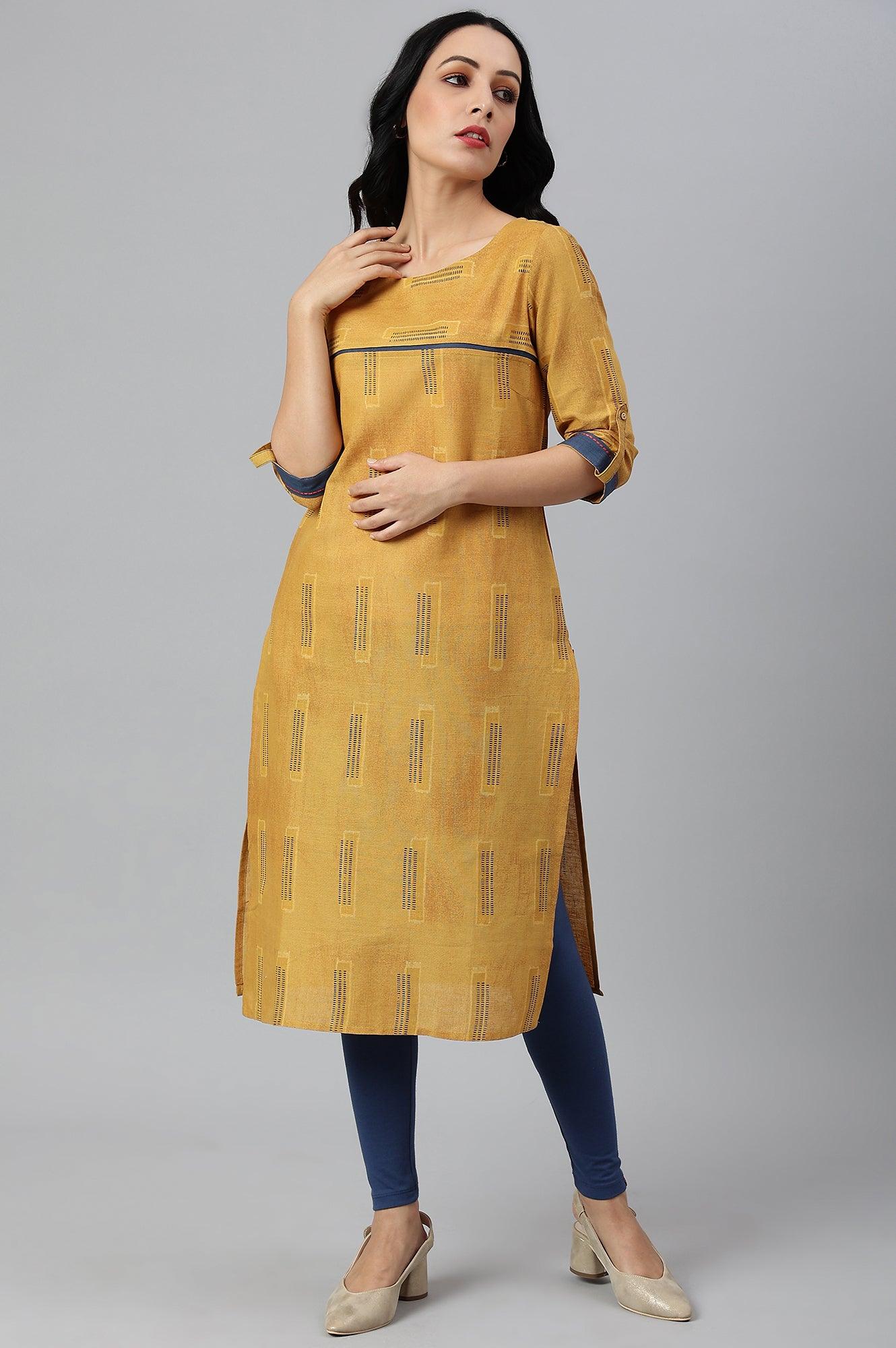 Mustard Kantha Printed Contemporary kurta - wforwoman