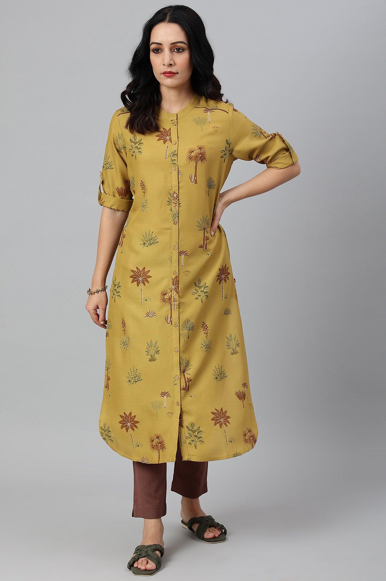 Mustard Rayon Printed Button Down kurta - wforwoman