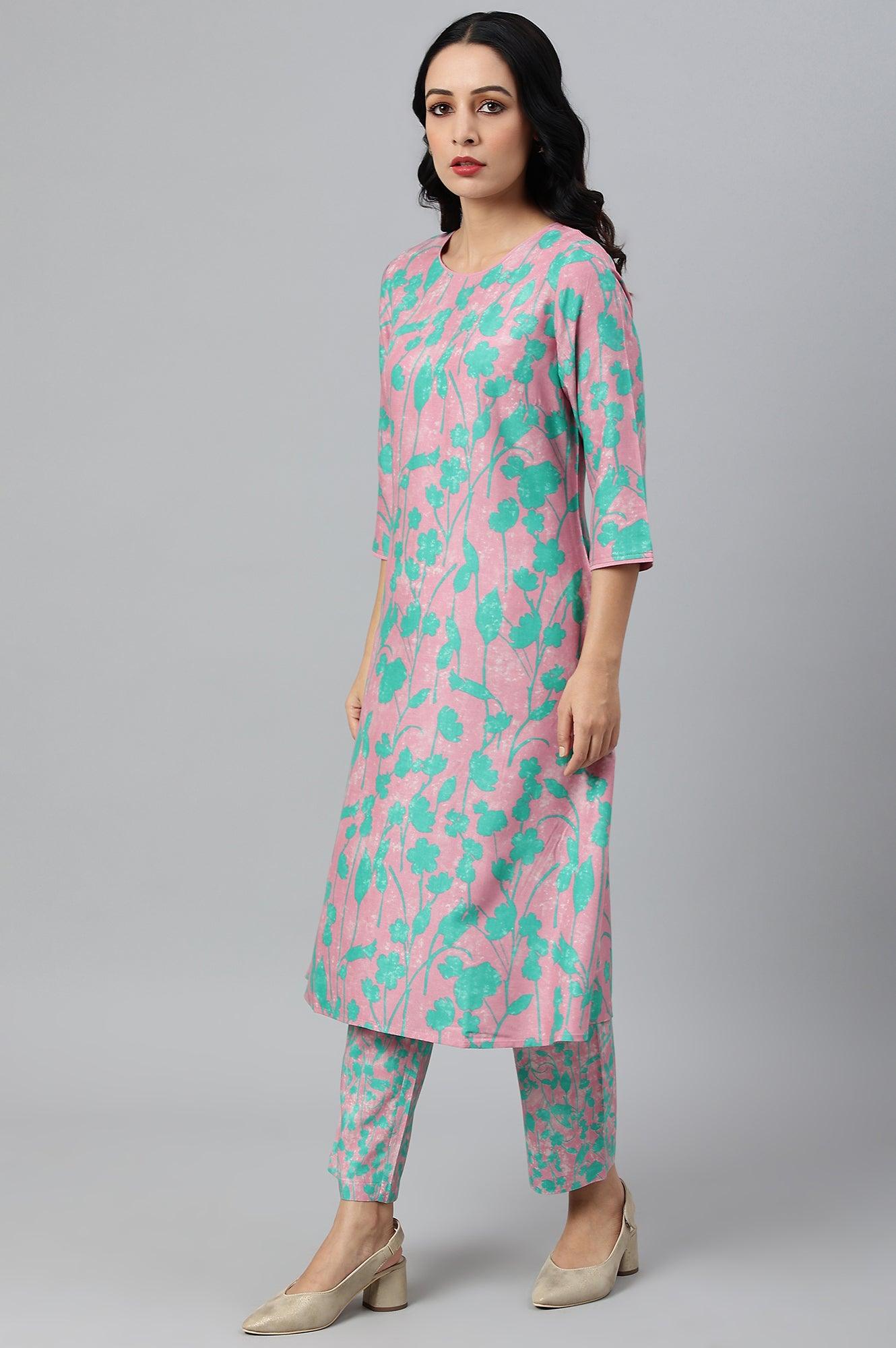 Light Purple Floral Print Straight kurta - wforwoman