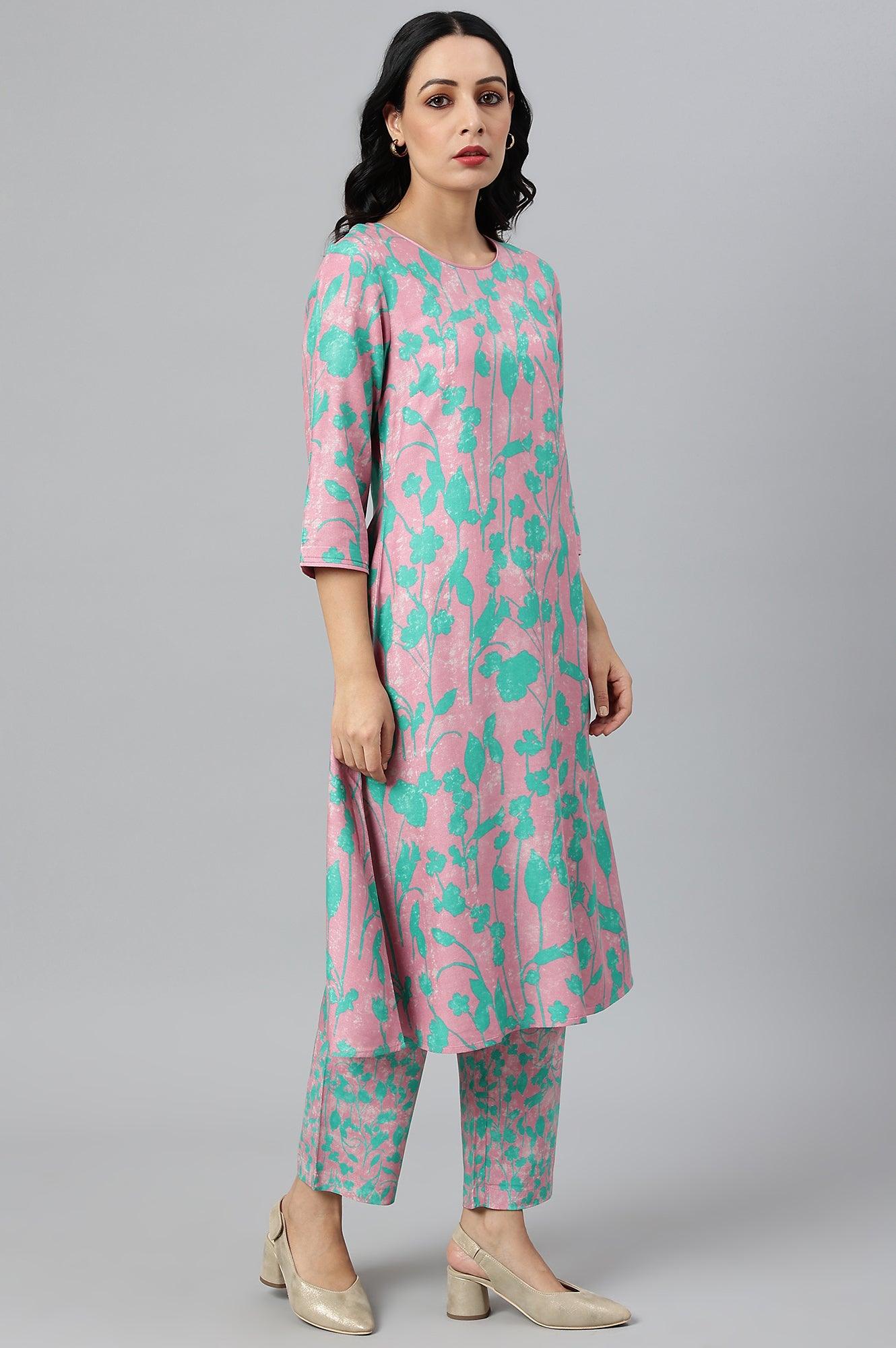 Light Purple Floral Print Straight kurta - wforwoman