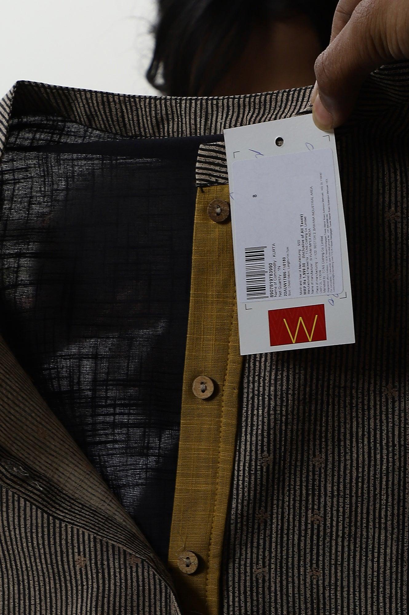 Biege And Black Panelled kurta With Mustard Stich Line - wforwoman