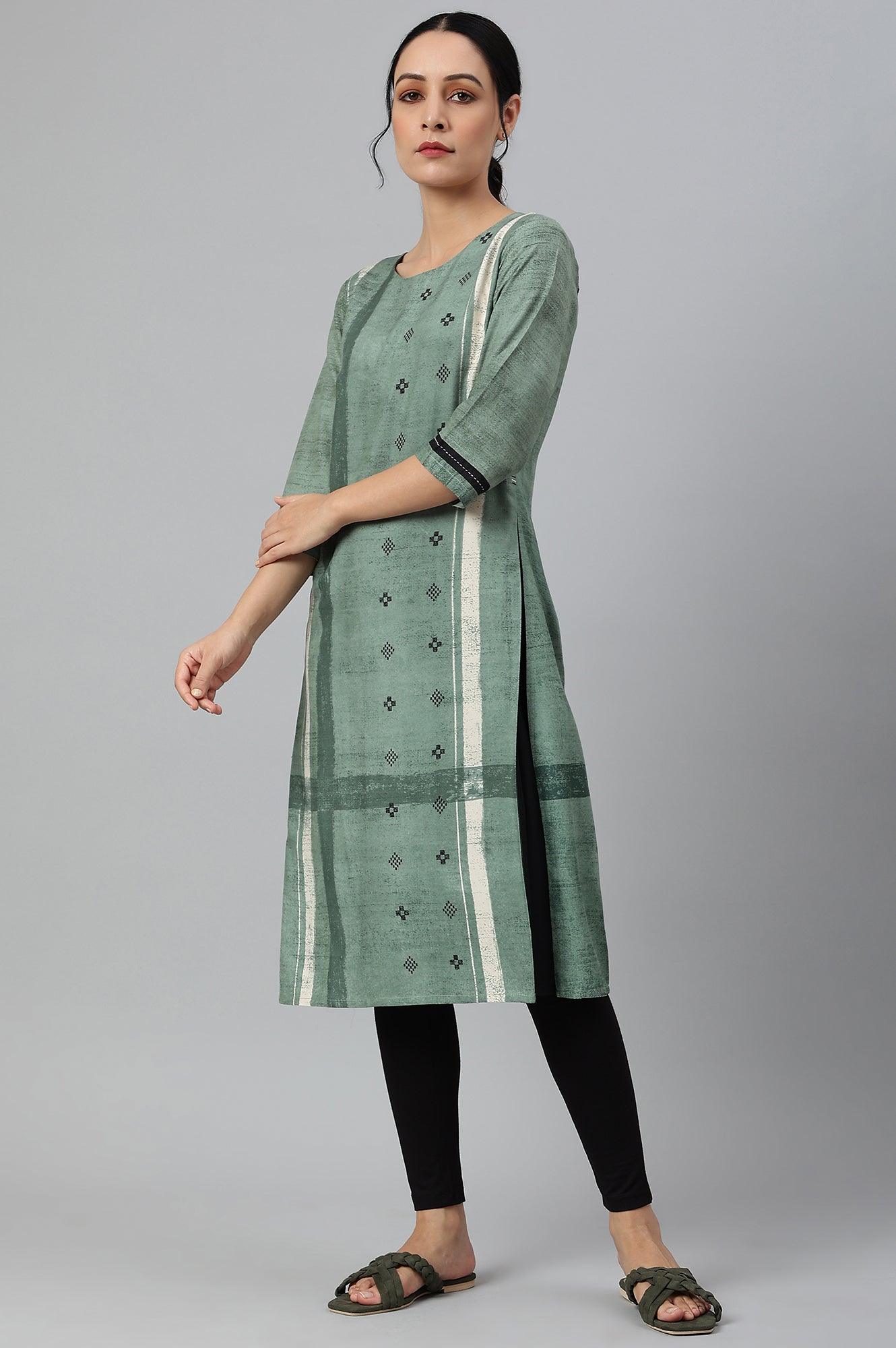 Green Godet Box Pleat kurta - wforwoman
