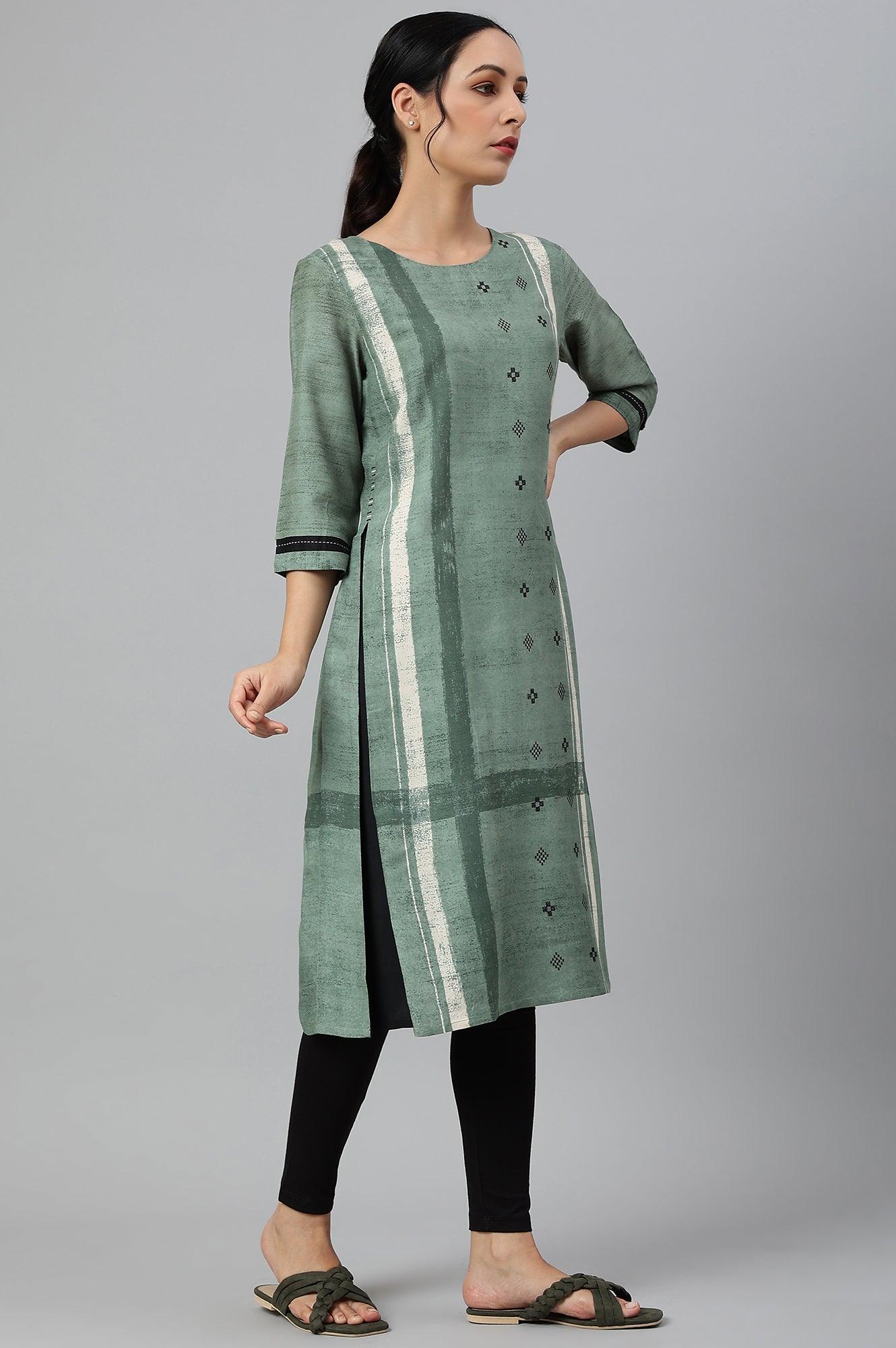 Green Godet Box Pleat kurta - wforwoman