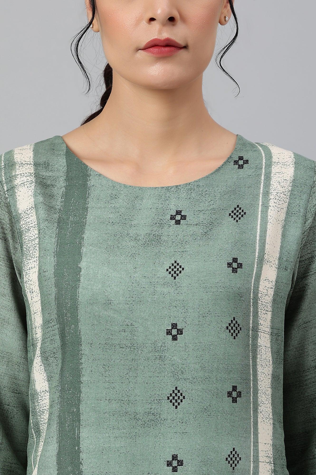 Green Godet Box Pleat kurta - wforwoman