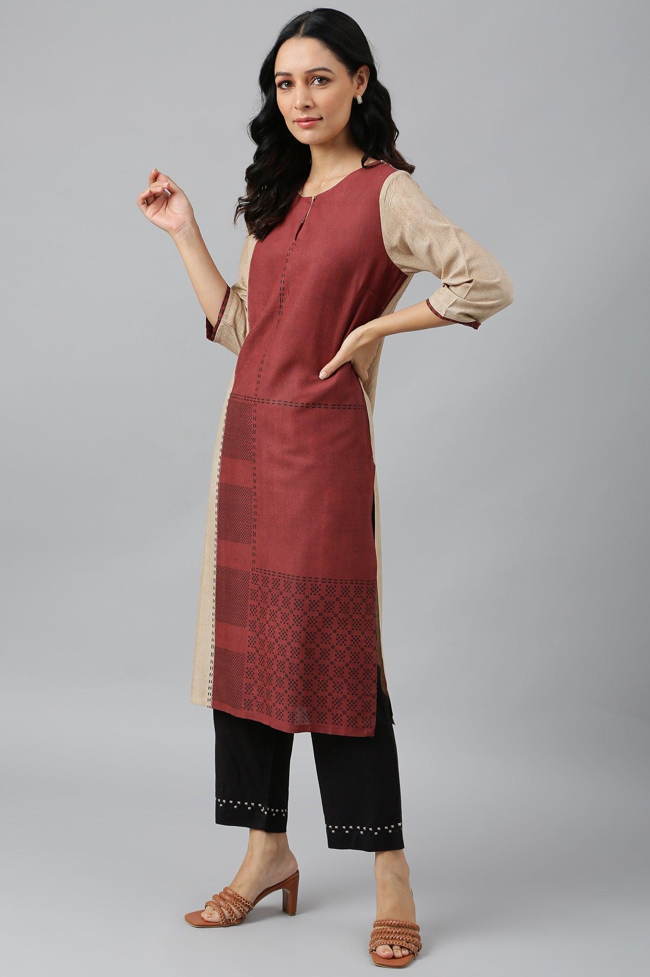 Red And Ecru Placement Print kurta In Round Neck - wforwoman