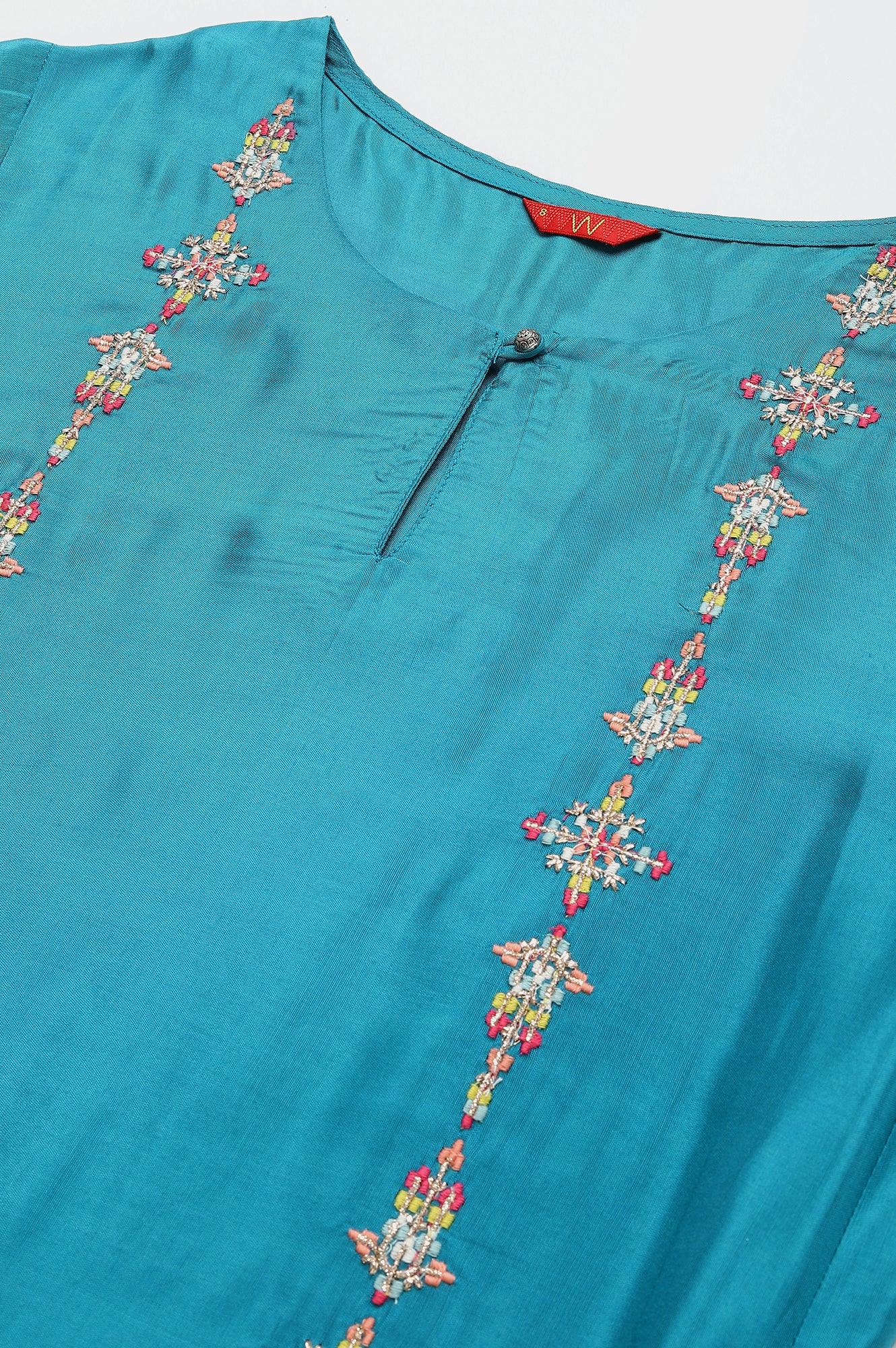 Teal Embroidered kurta With Front Slit - wforwoman