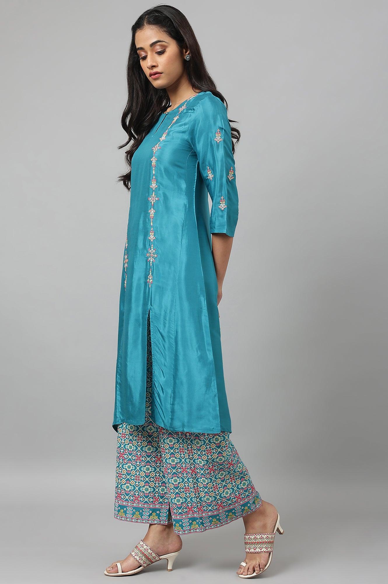 Teal Embroidered kurta With Front Slit - wforwoman