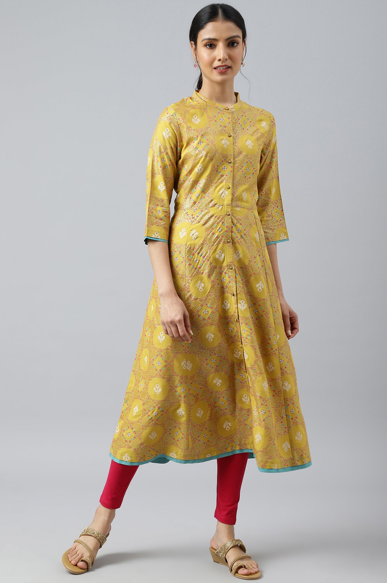 Yellow Button Down A-line Kurta - wforwoman