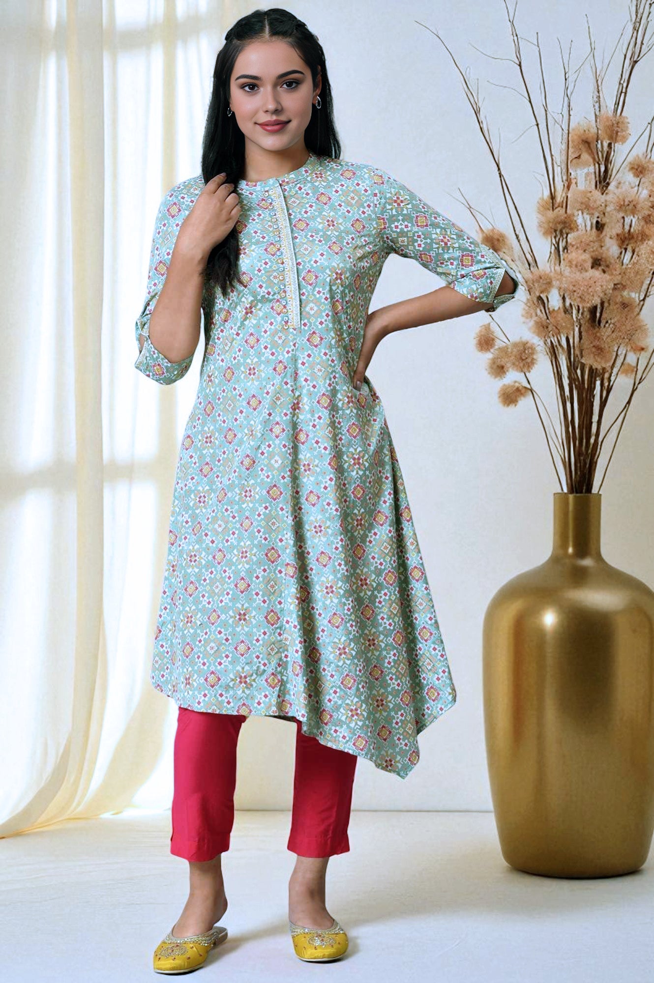 Mint Green Print kurta With Asymmetric Hemline