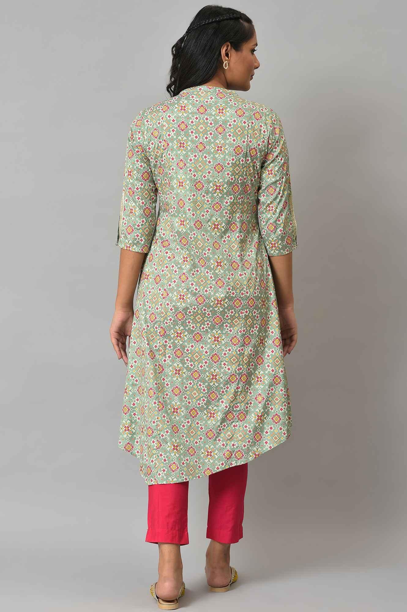 Mint Green Print kurta With Asymmetric Hemline - wforwoman