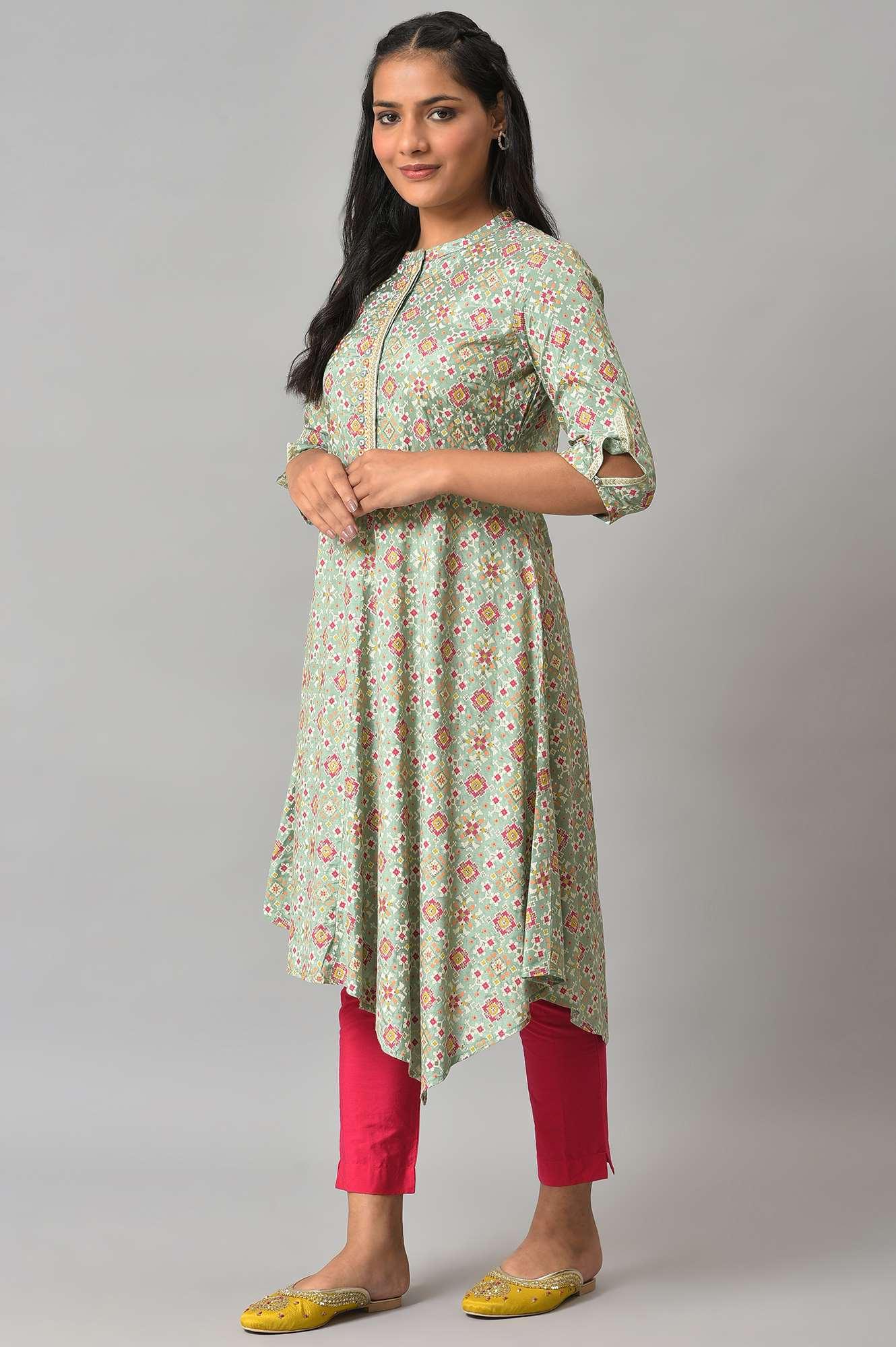 Mint Green Print kurta With Asymmetric Hemline - wforwoman