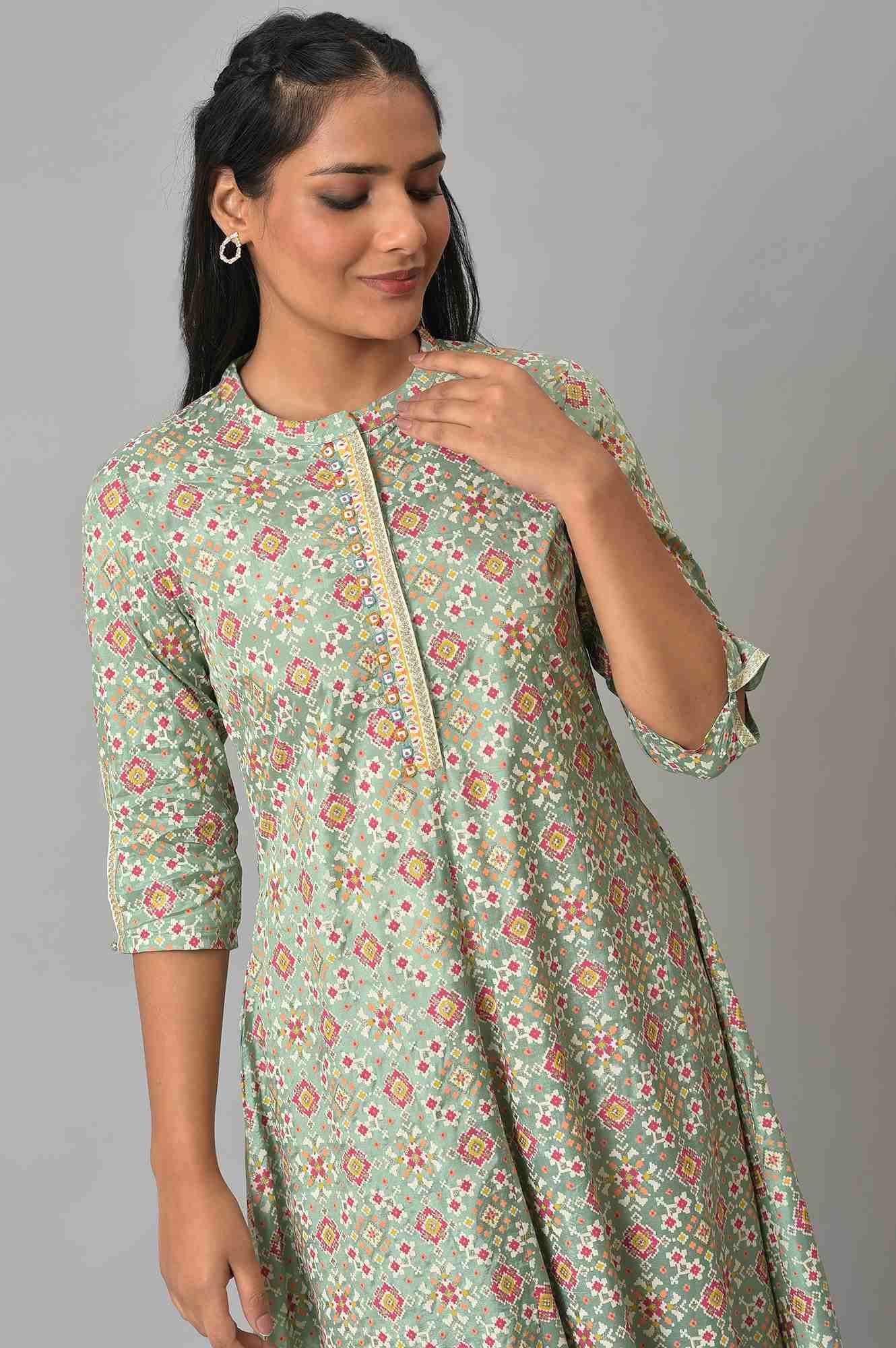 Mint Green Print kurta With Asymmetric Hemline - wforwoman