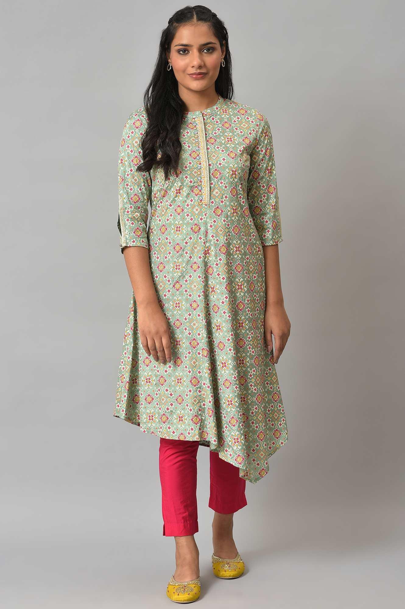 Mint Green Print kurta With Asymmetric Hemline - wforwoman