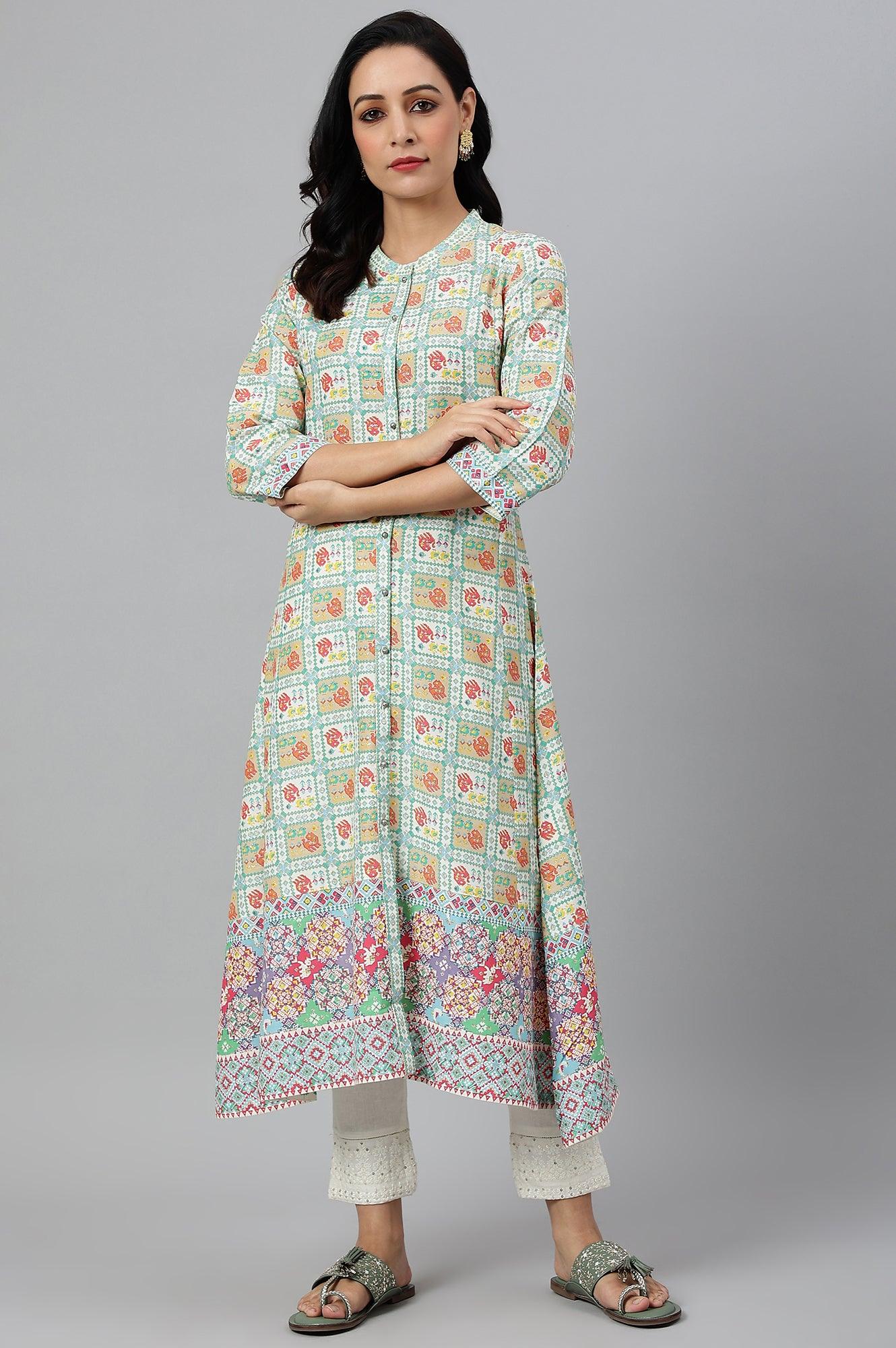 Ecru And Multicoloured Printed Flared kurta - wforwoman