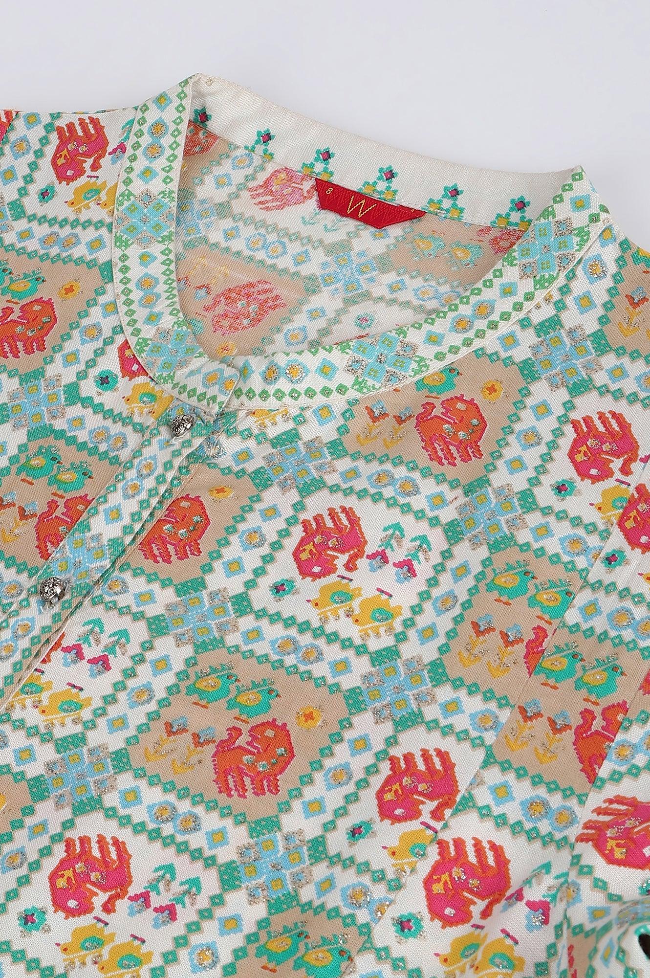 Ecru And Multicoloured Printed Flared kurta - wforwoman