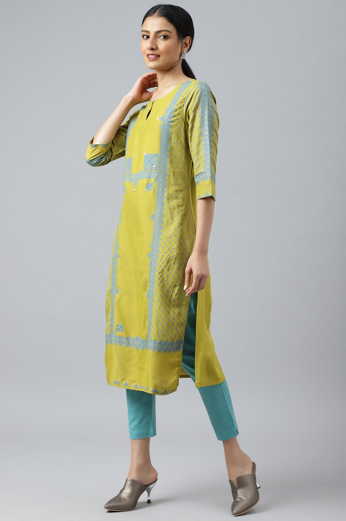 Green Placement Print Embellished kurta - wforwoman
