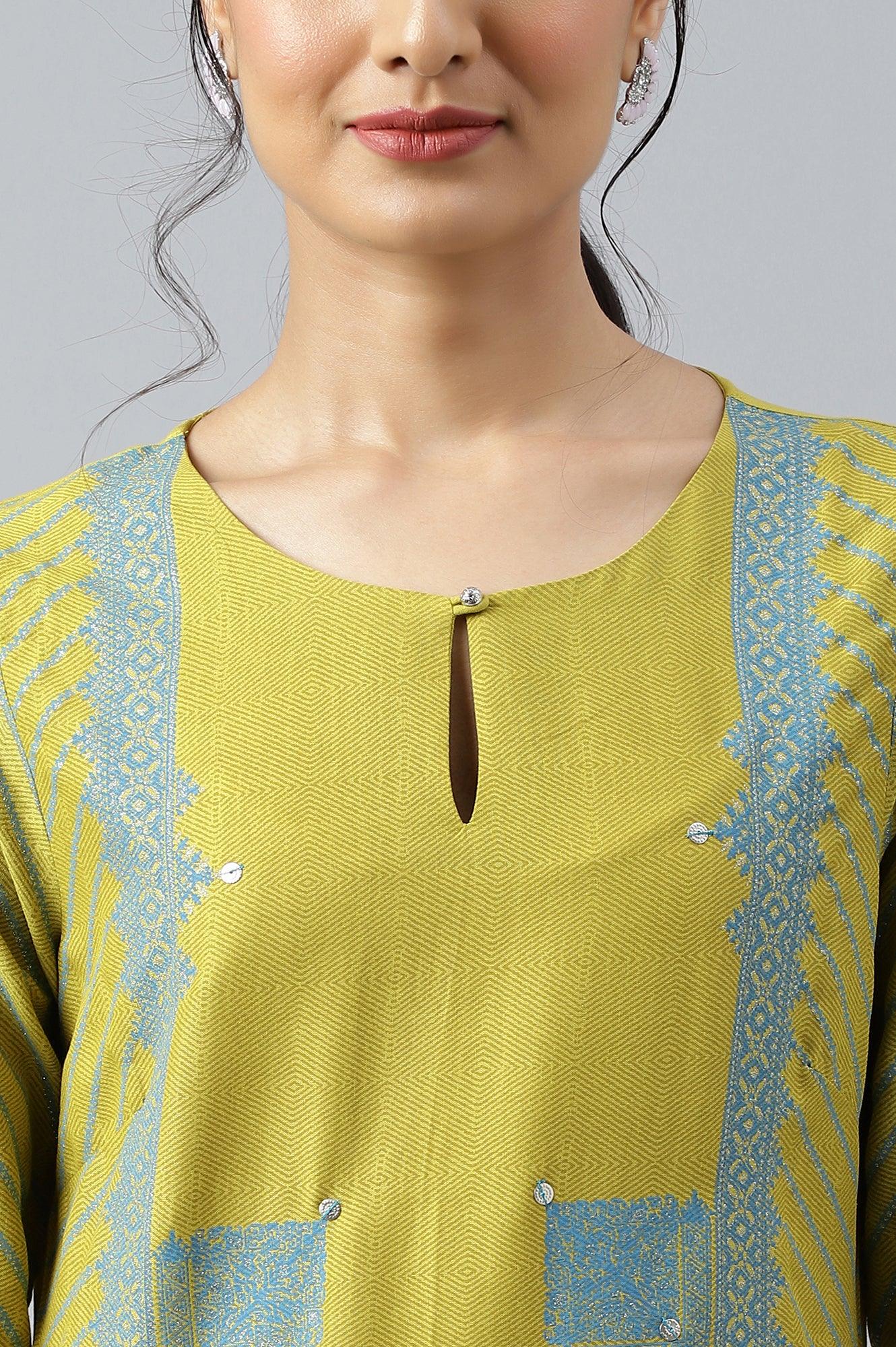 Green Placement Print Embellished kurta - wforwoman