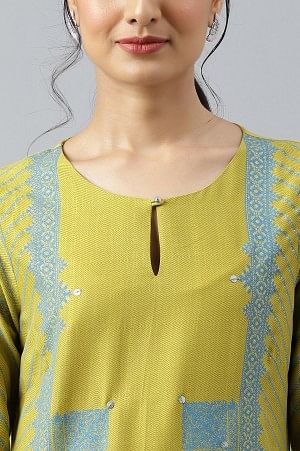 Green Placement Print Embellished kurta With Blue Cotton Slim Pants