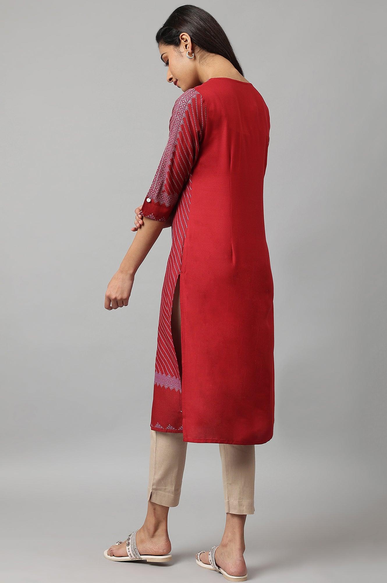 Red Placement Print Embellished kurta - wforwoman