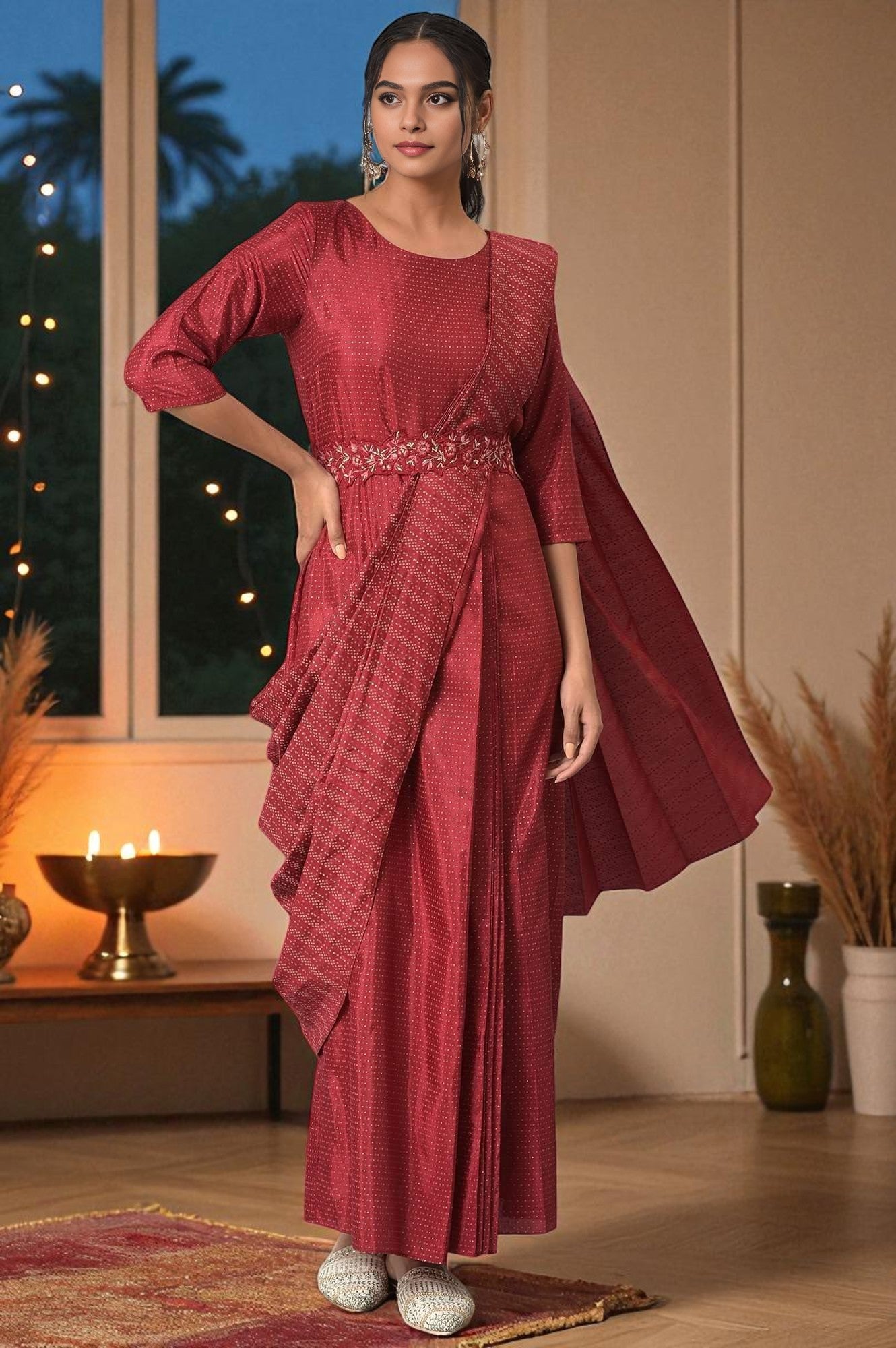 Maroon Festive Maxi Saree Dress with Embroidered Belt – wforwoman