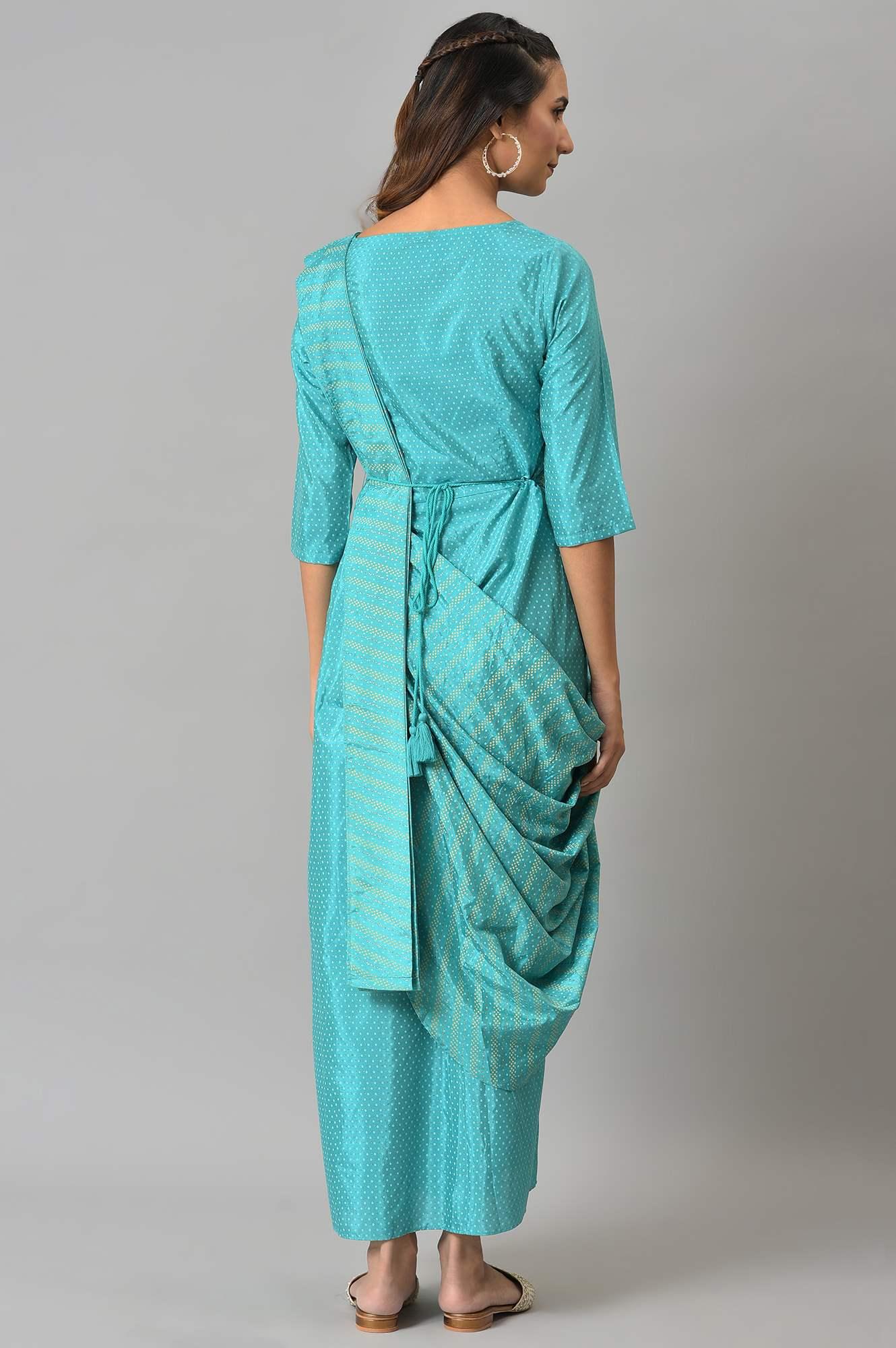 Teal Insta Saree Dress With Embroidered Belt - wforwoman