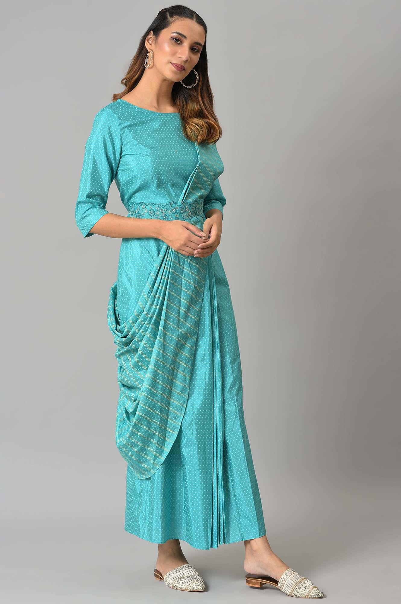 Teal Insta Saree Dress With Embroidered Belt - wforwoman
