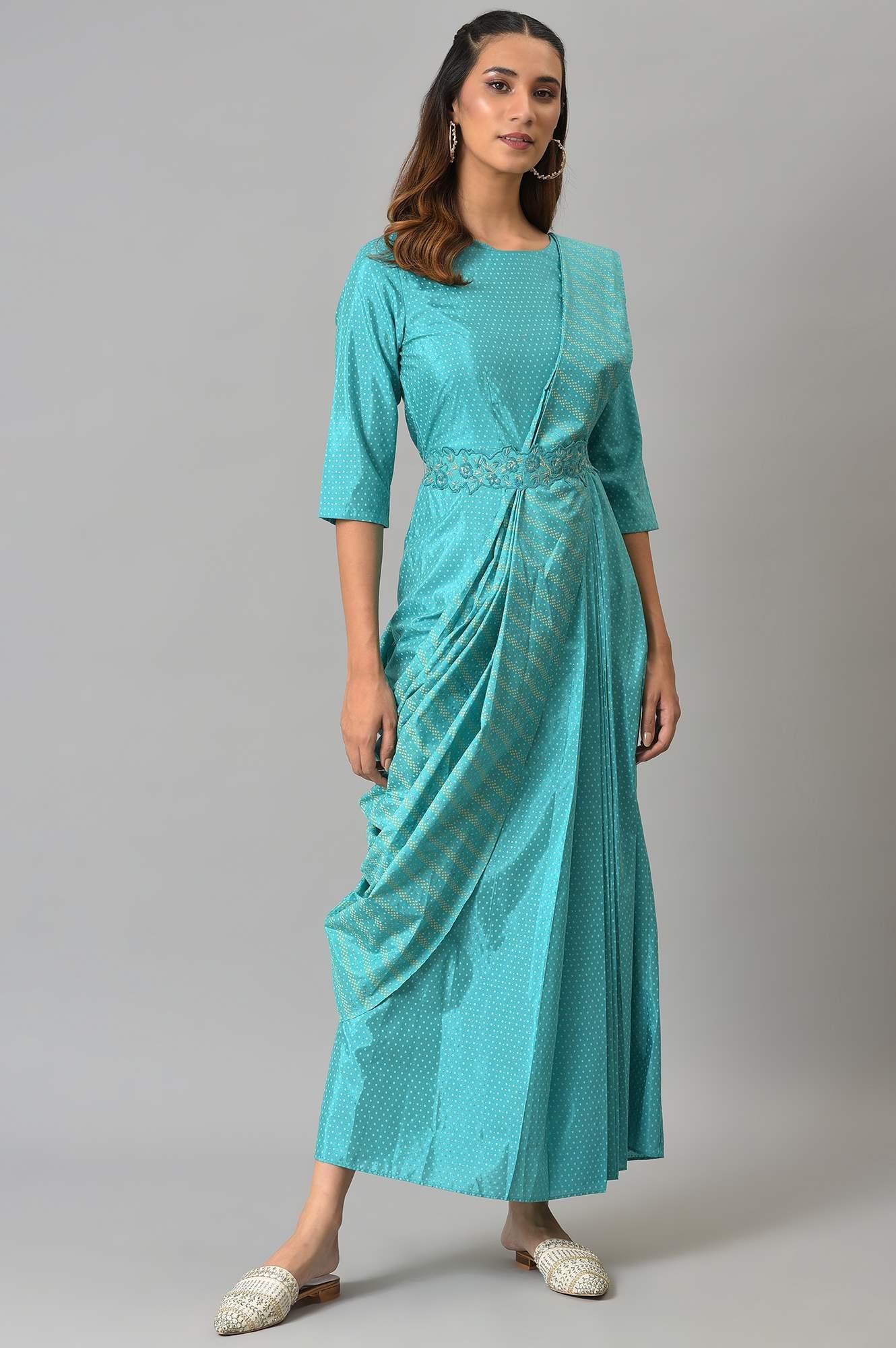 Teal Insta Saree Dress With Embroidered Belt - wforwoman