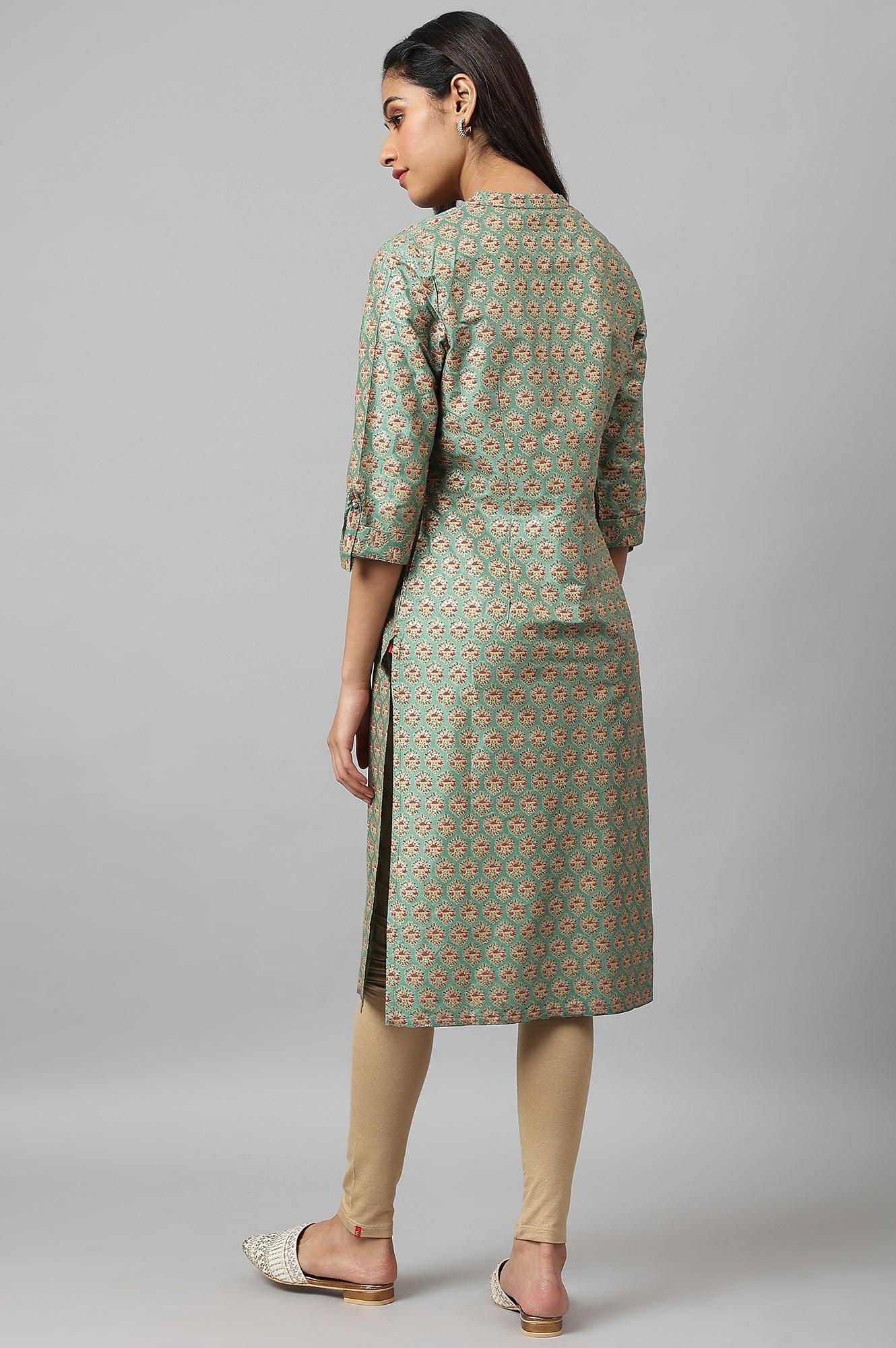 Green Glitter Printed kurta In Mandarin Collar - wforwoman