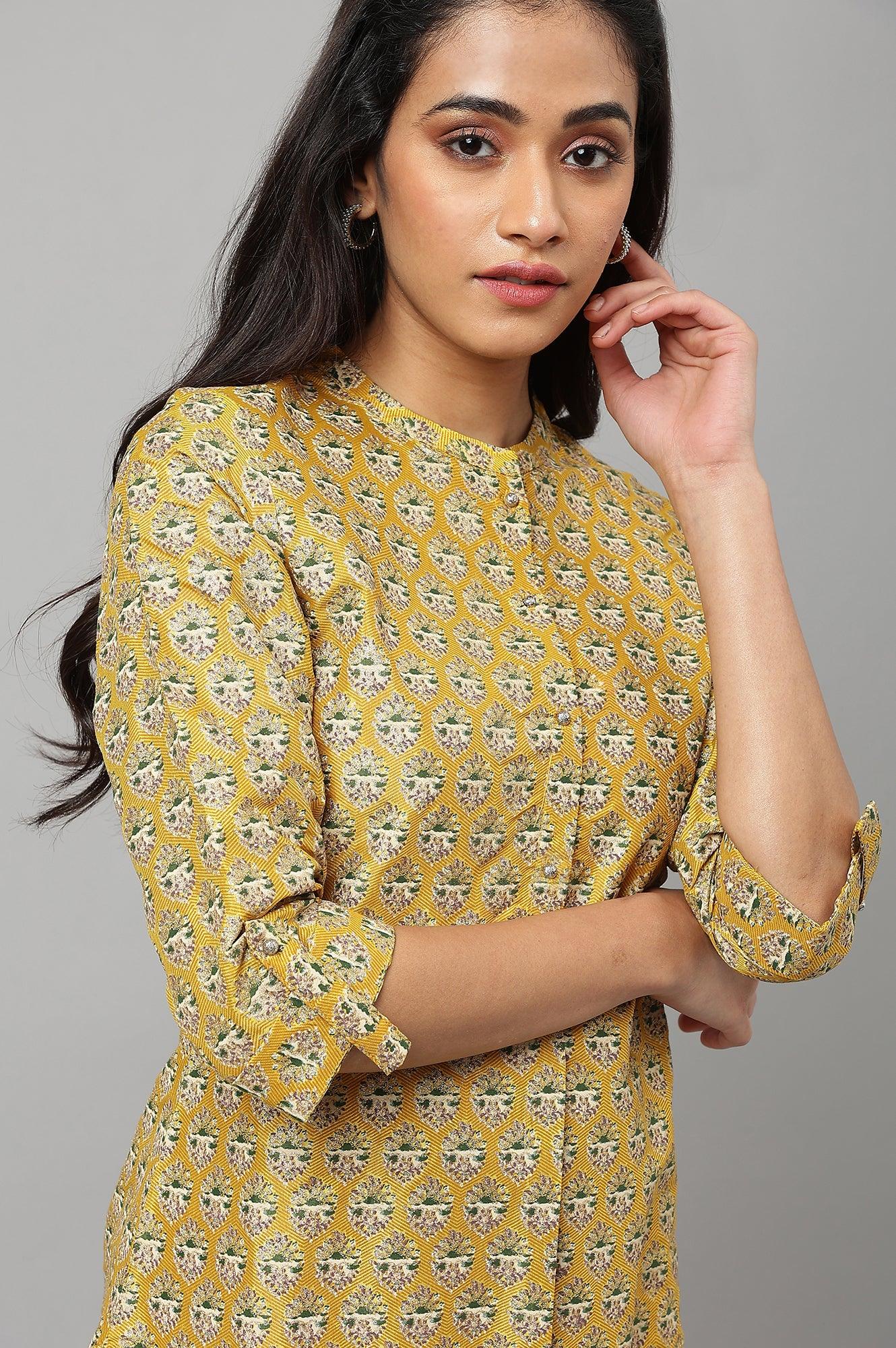 Mustard Glitter Printed kurta In Mandarin Collar - wforwoman