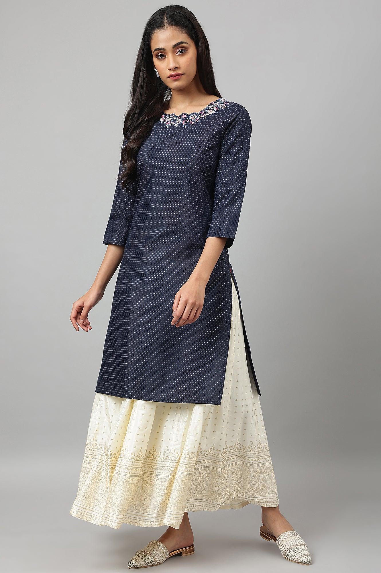 Navy Blue Festive kurta With Embroidered Neck - wforwoman