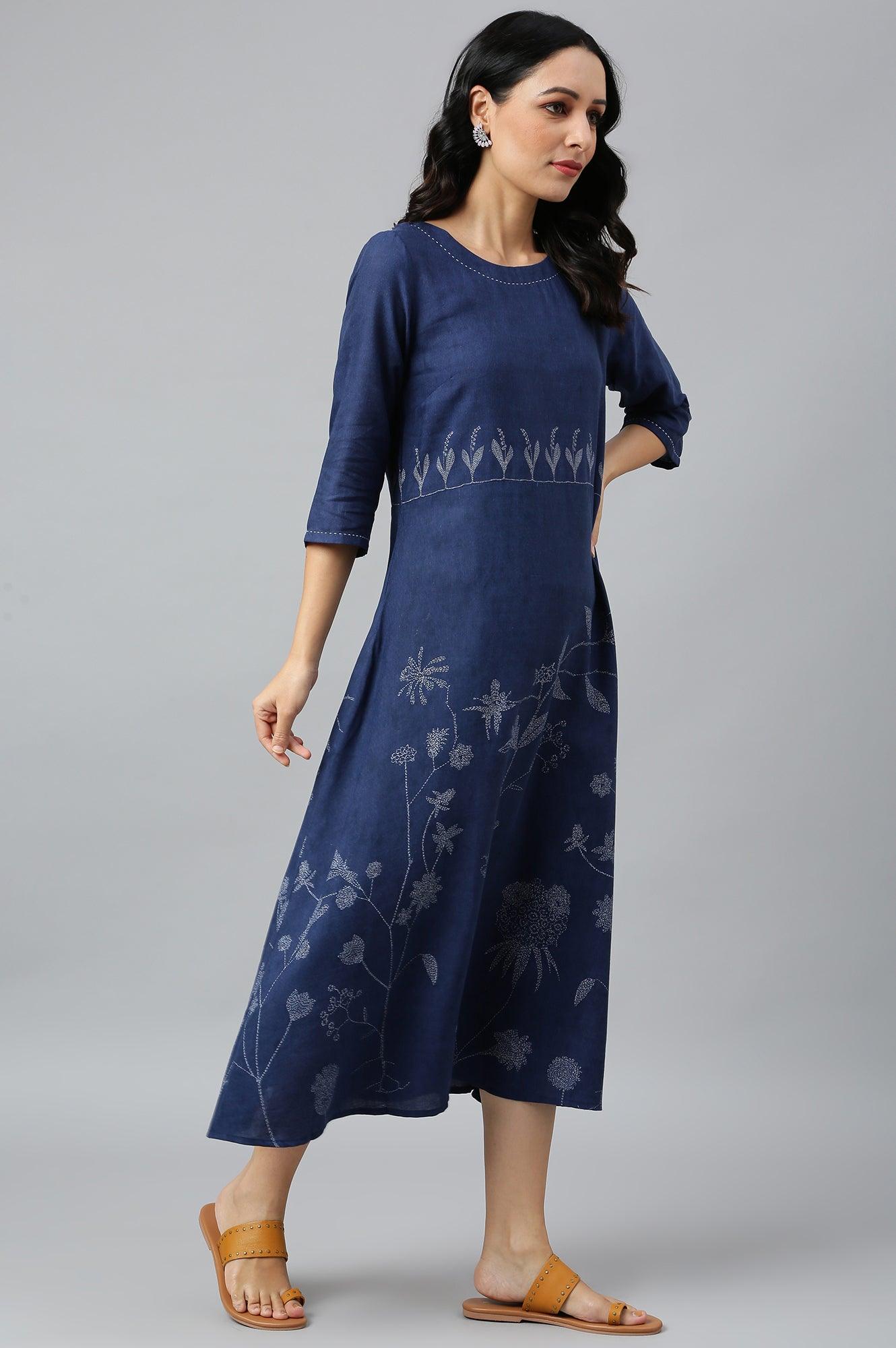 Dark Blue Floral kurta With Kantha Details - wforwoman