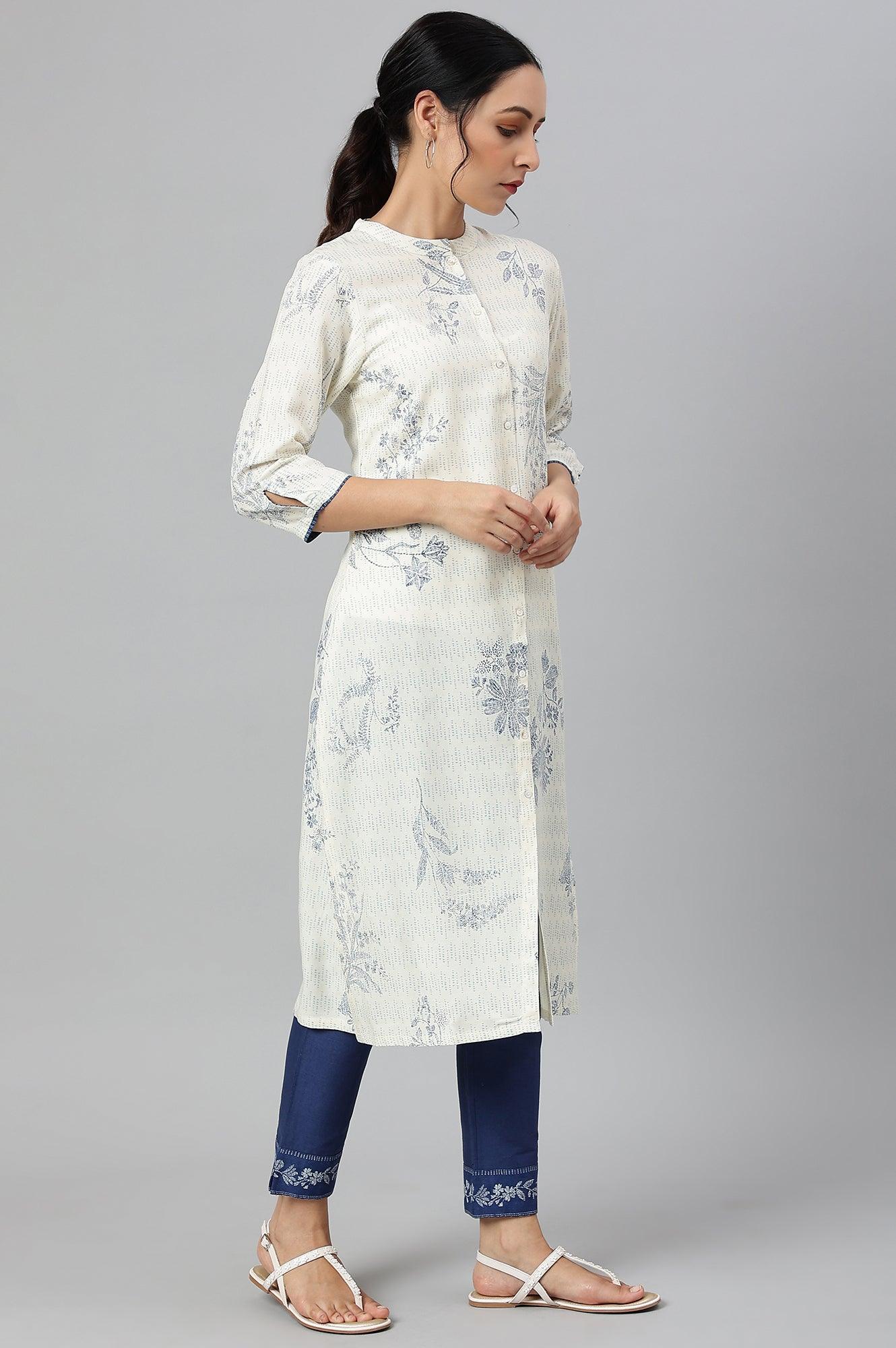 Ecru And Blue Button Down kurta - wforwoman