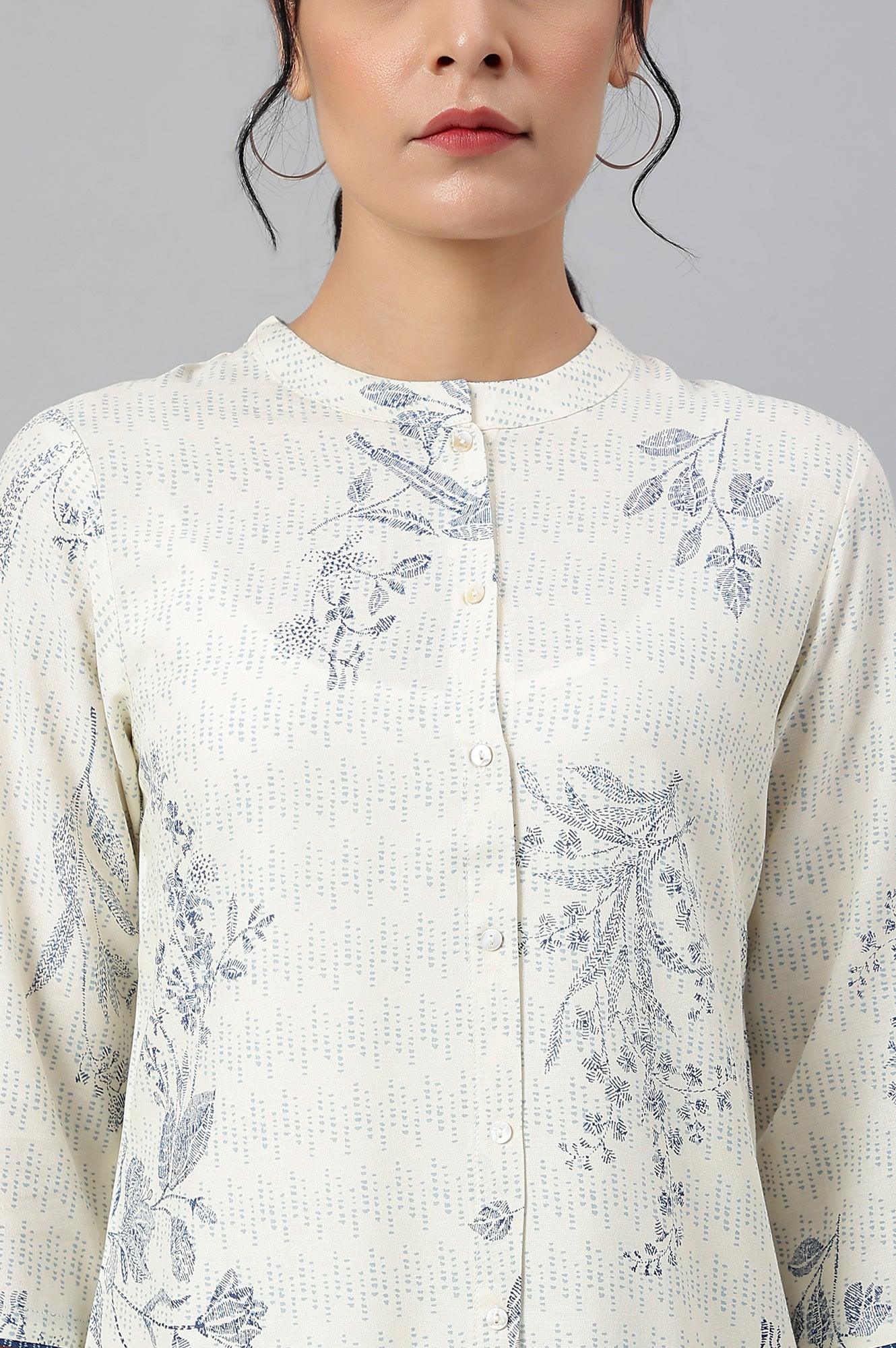 Ecru And Blue Button Down kurta - wforwoman