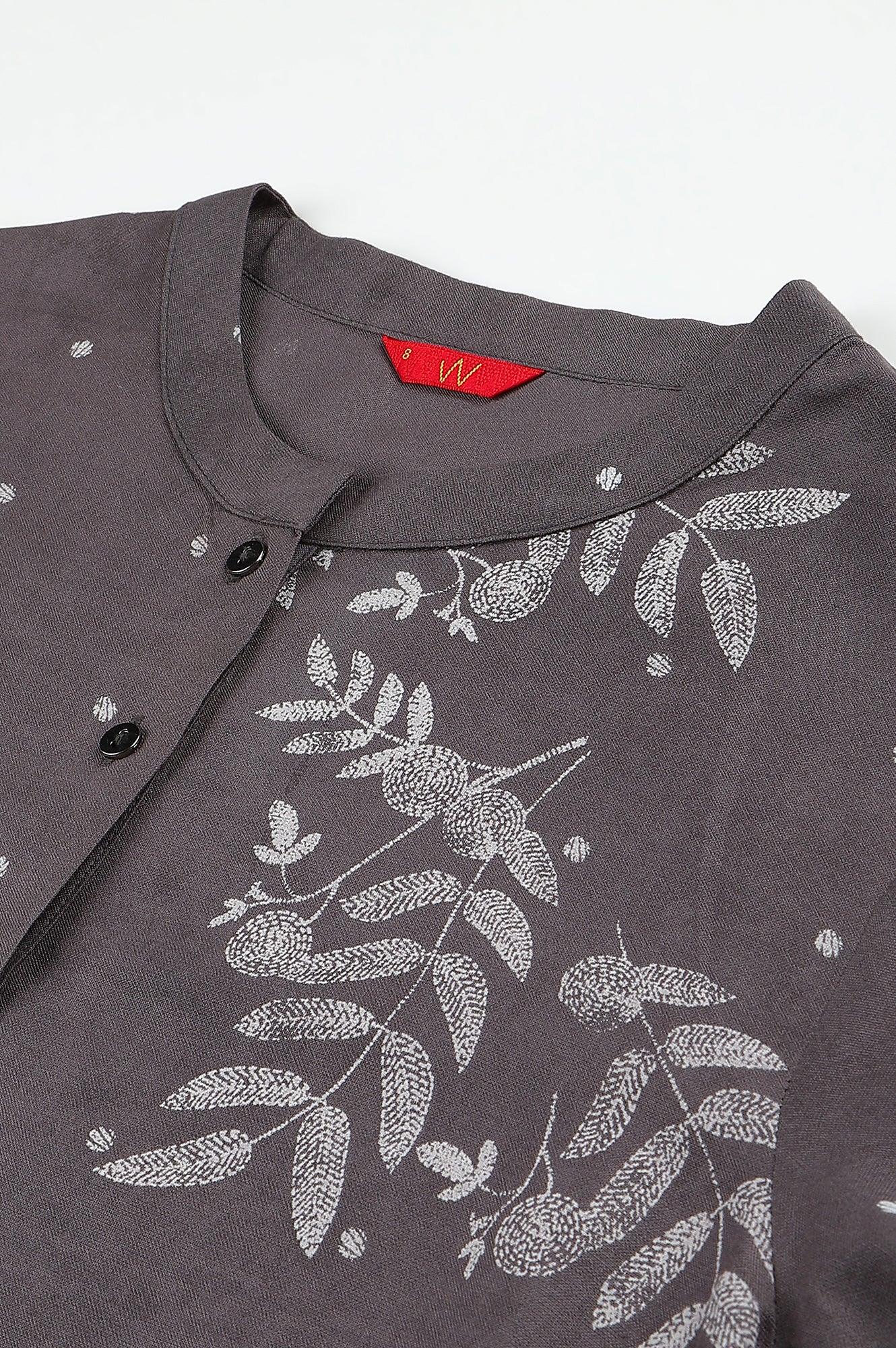 Tornado Grey Printed kurta In Half Placket - wforwoman