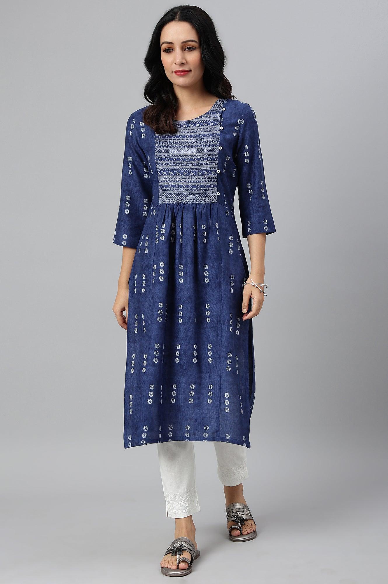 Indigo Thread Embroidered Rayon kurta - wforwoman
