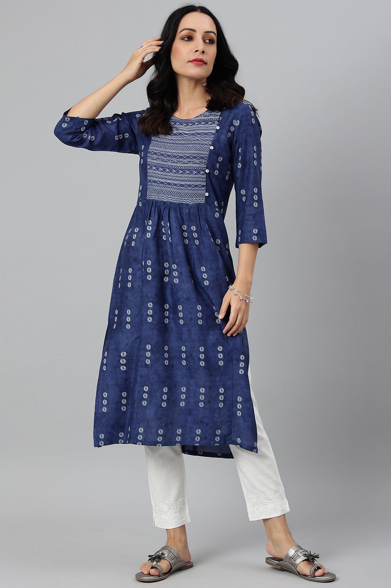 Indigo Thread Embroidered Rayon kurta - wforwoman