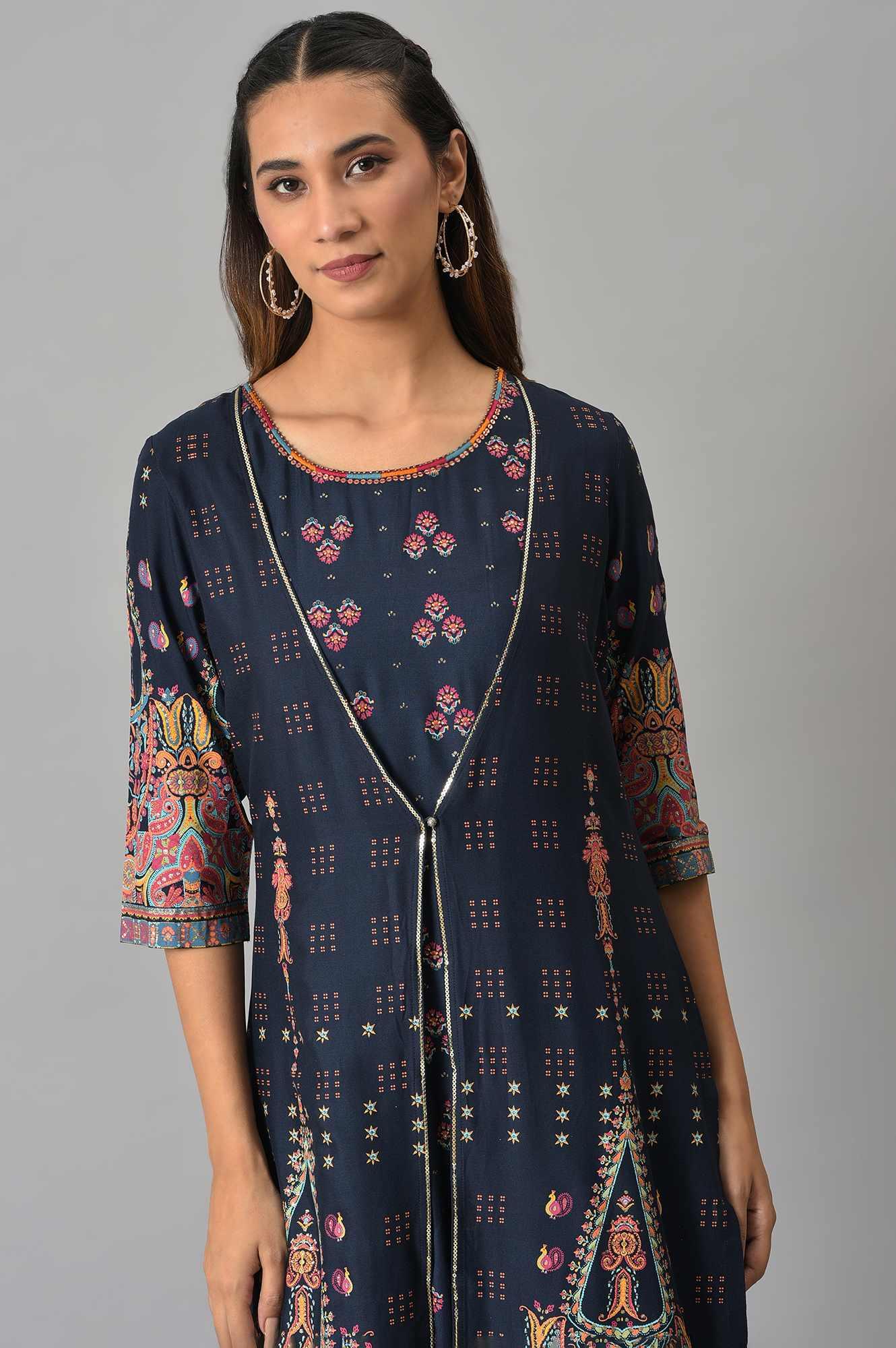 Dark Blue Printed Duo Dress Set - wforwoman