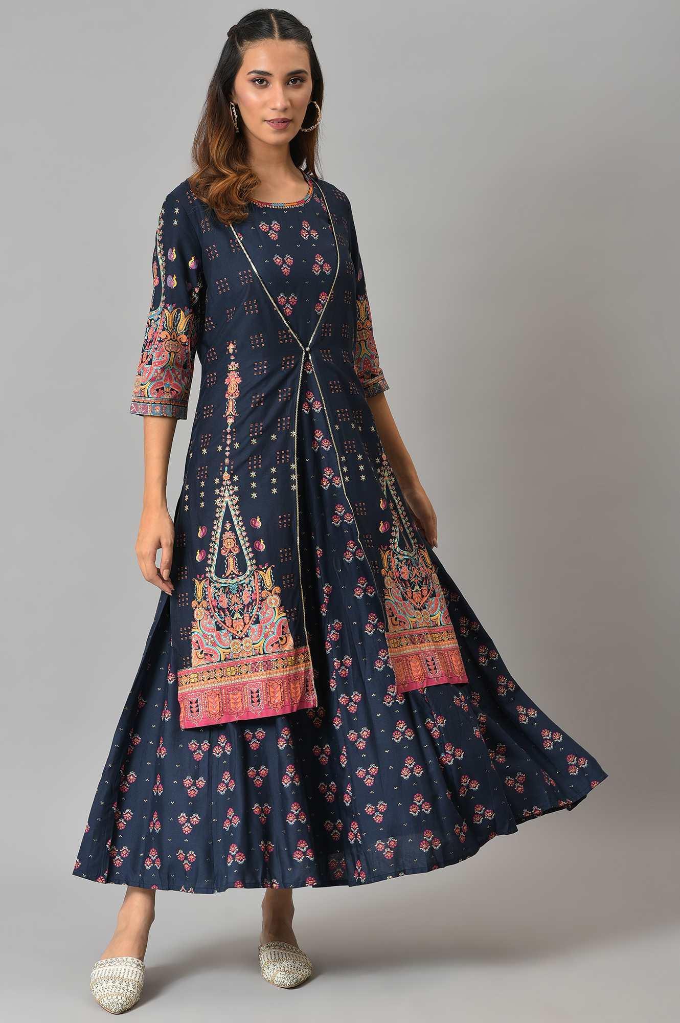 Dark Blue Printed Duo Dress Set - wforwoman