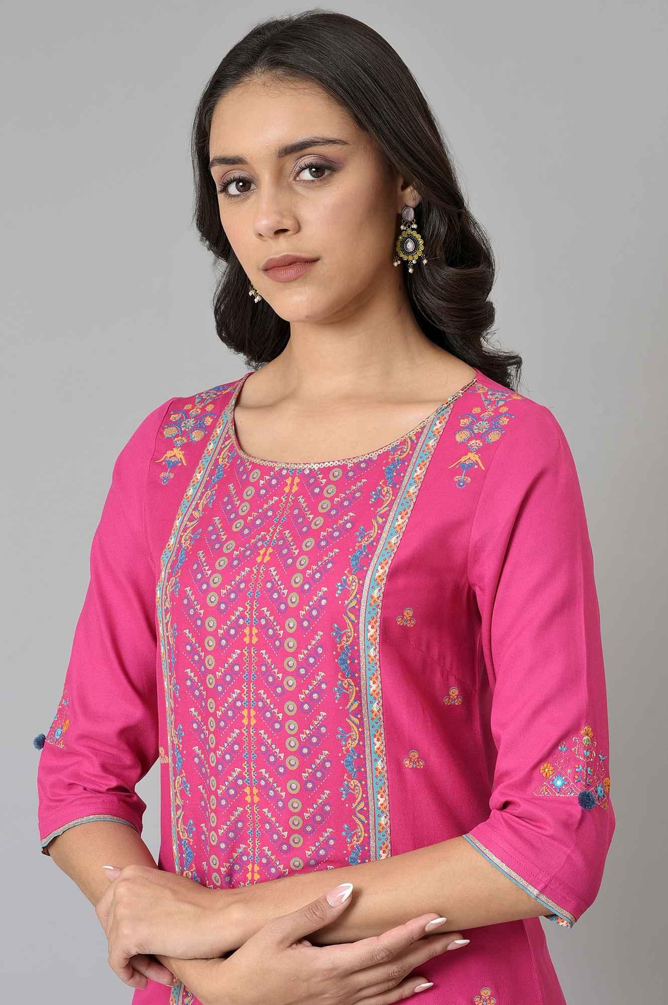 Pink Placement Printed Festive kurta - wforwoman
