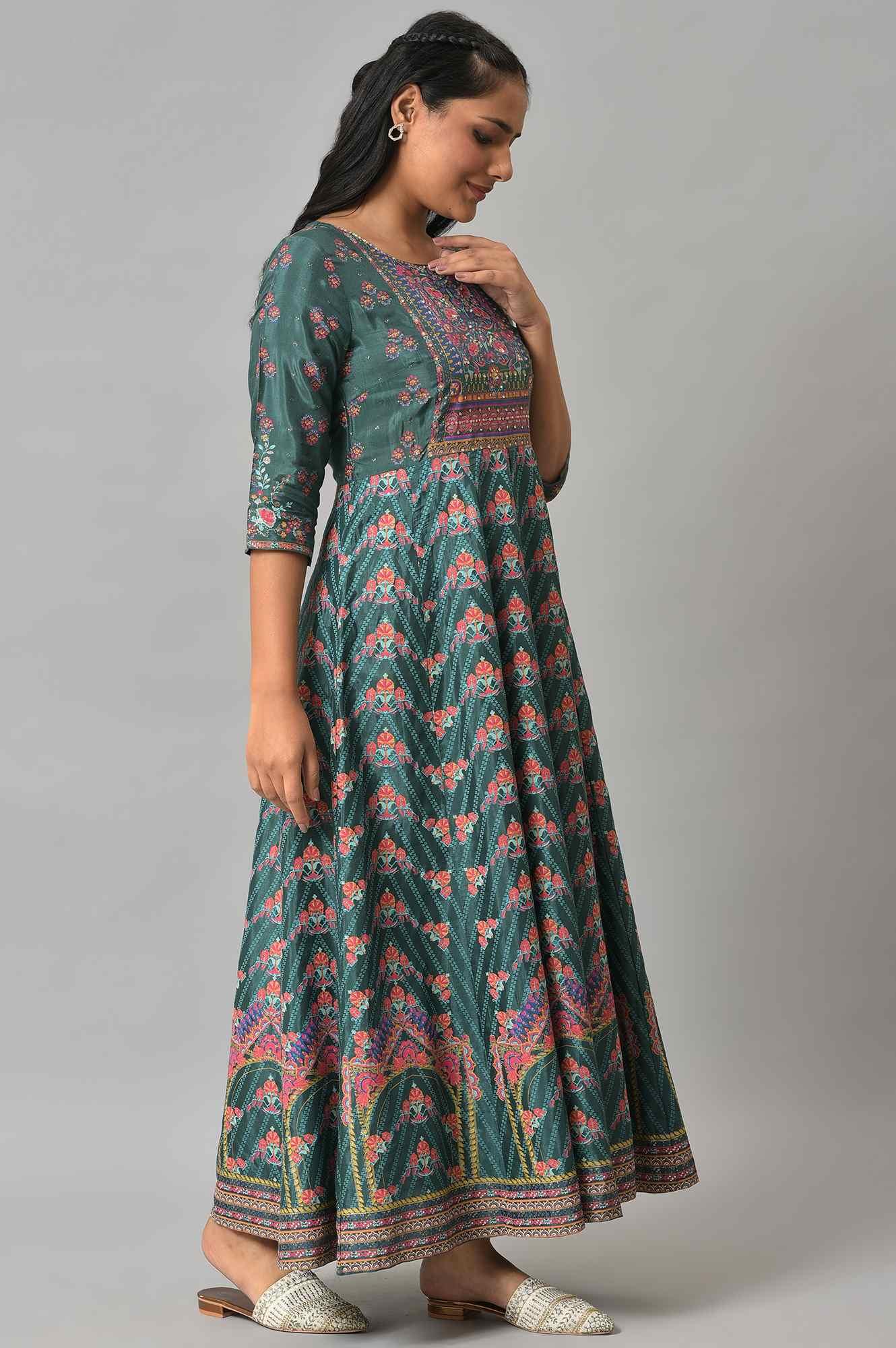 Green Panelled Festive Printed Dress - wforwoman