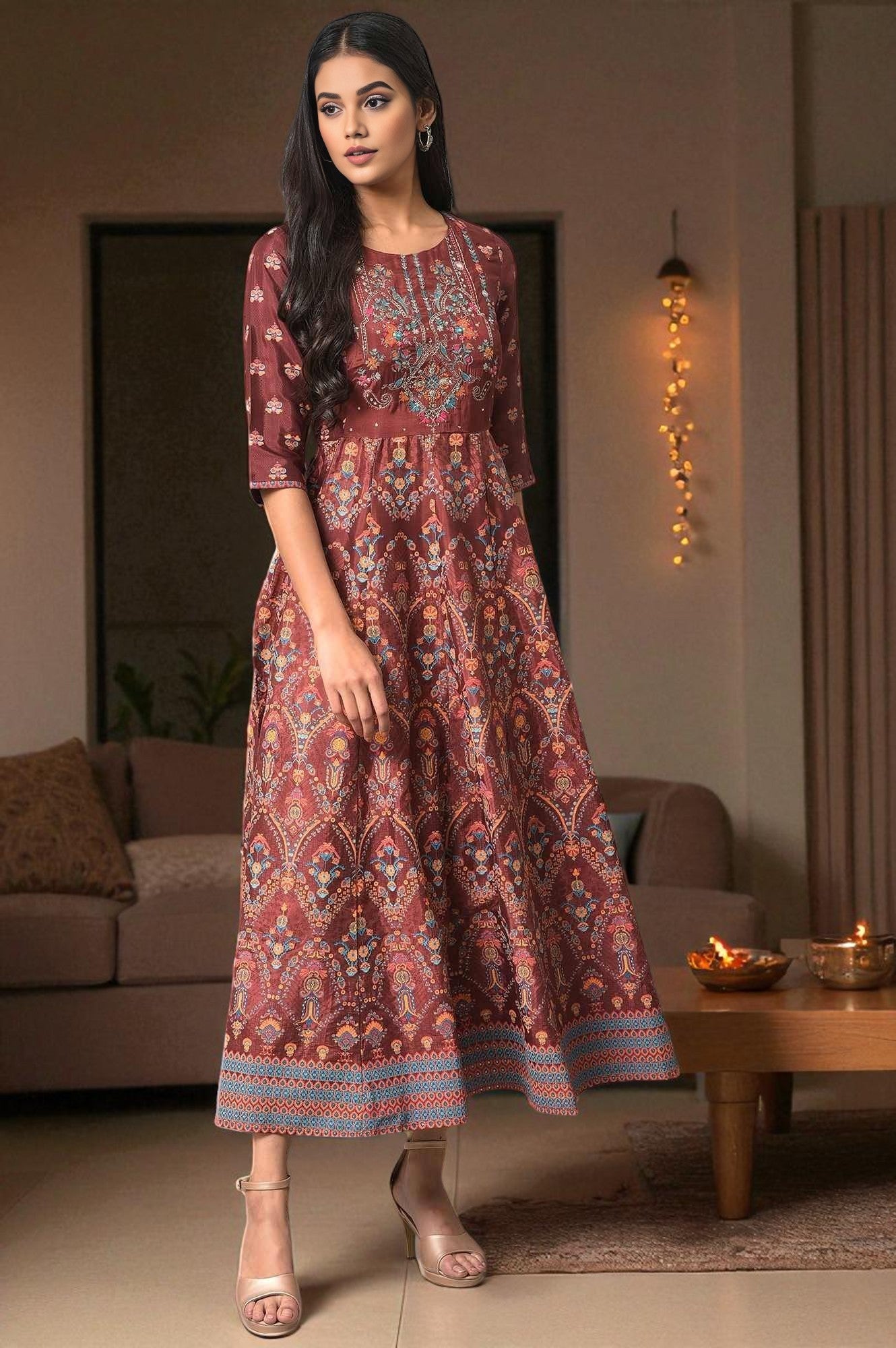 Brown Printed And Embroidered Panelled Festive Dress