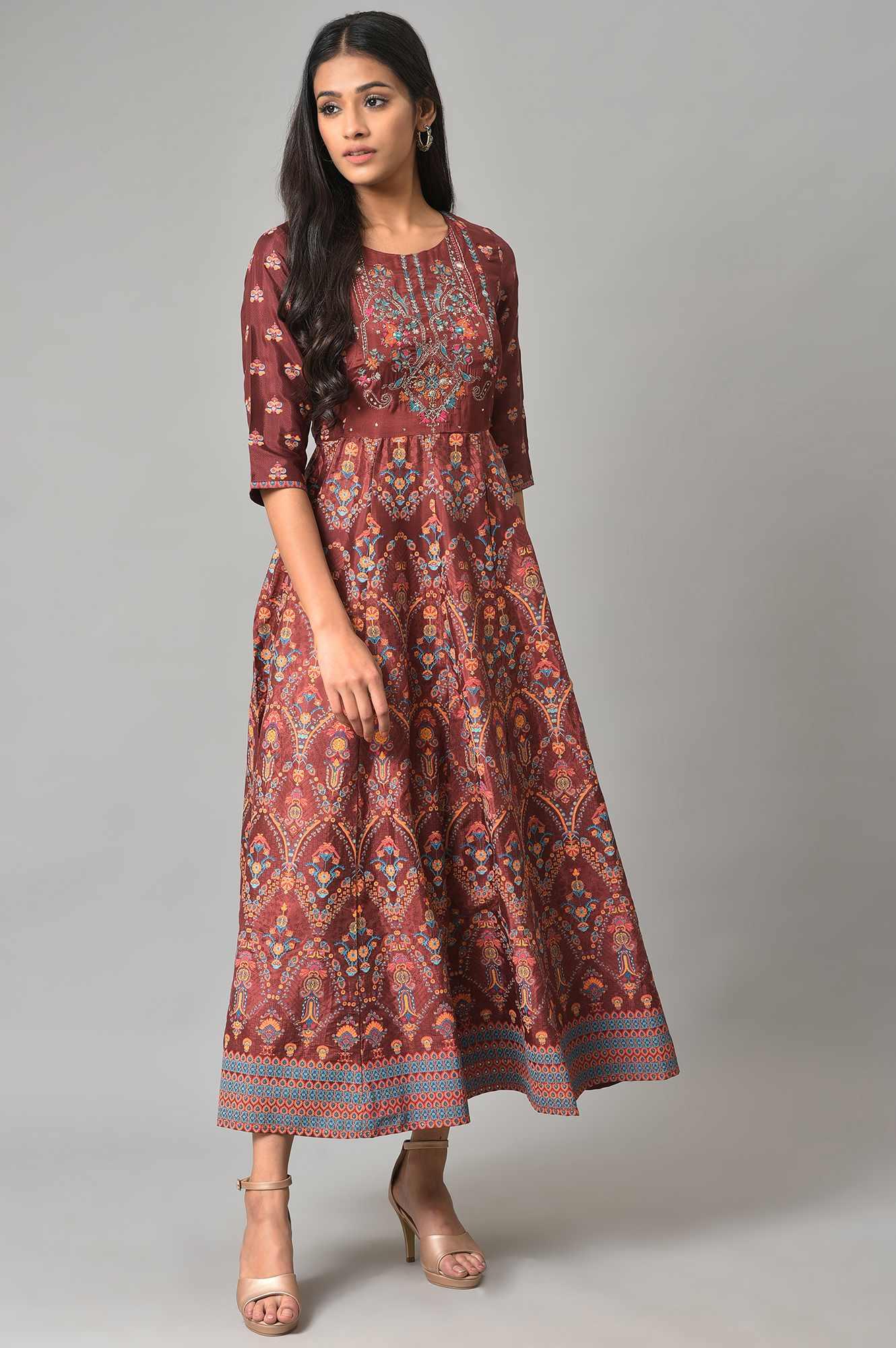 Brown Printed And Embroidered Panelled Festive Dress - wforwoman