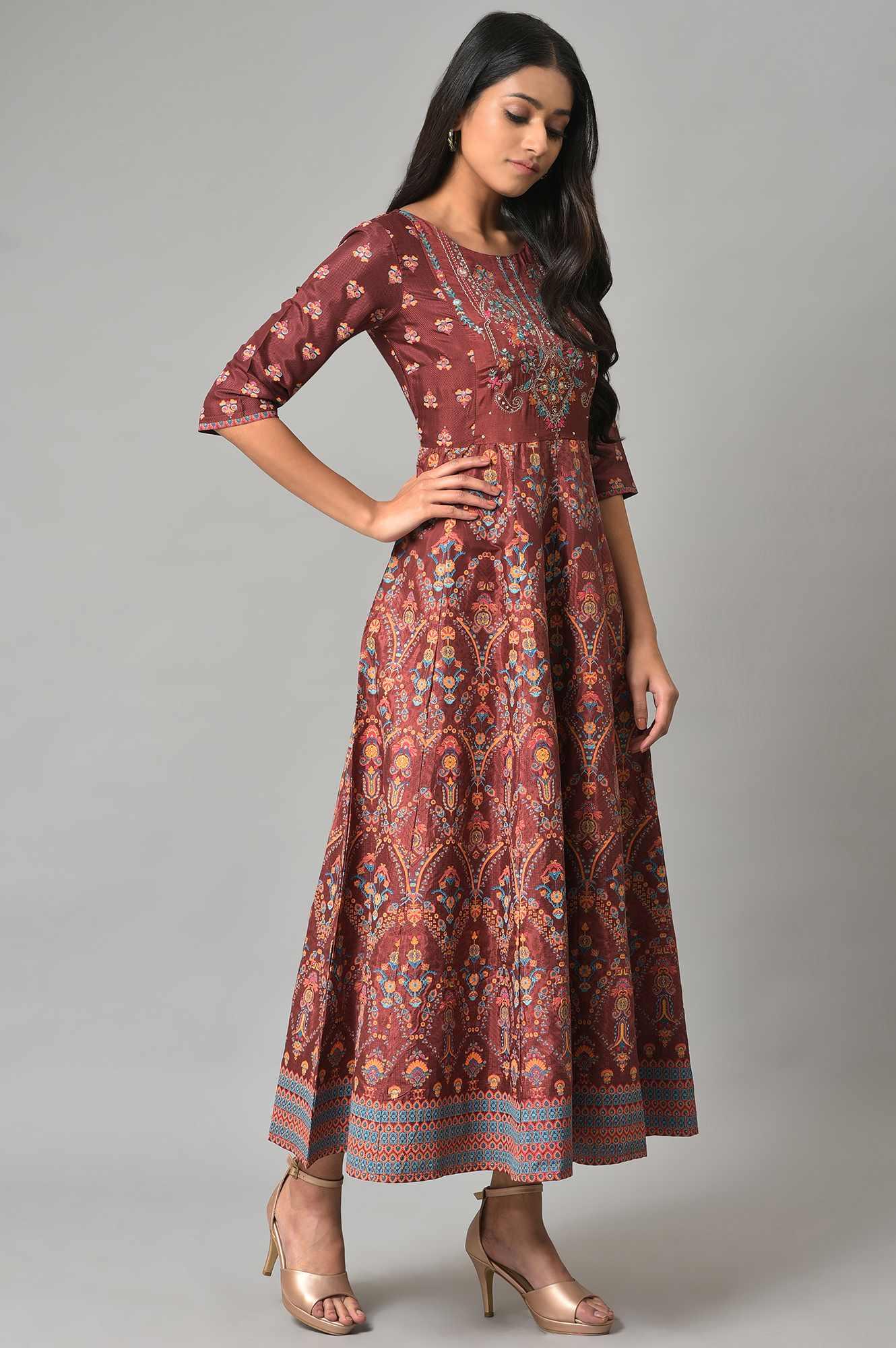 Brown Printed And Embroidered Panelled Festive Dress - wforwoman