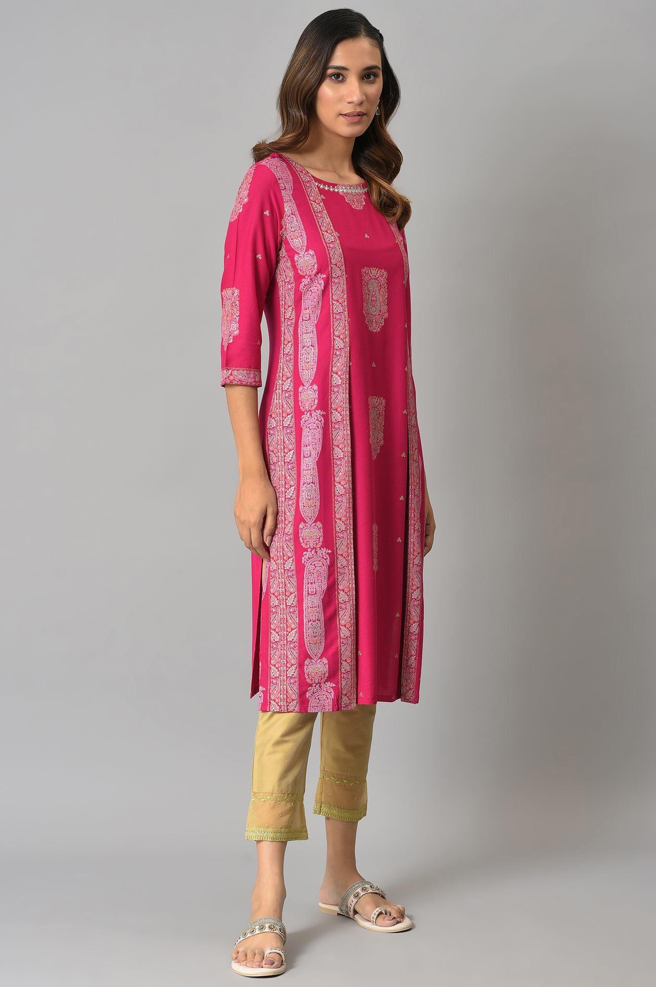 Dark Pink Mock Layered Beadwork kurta - wforwoman