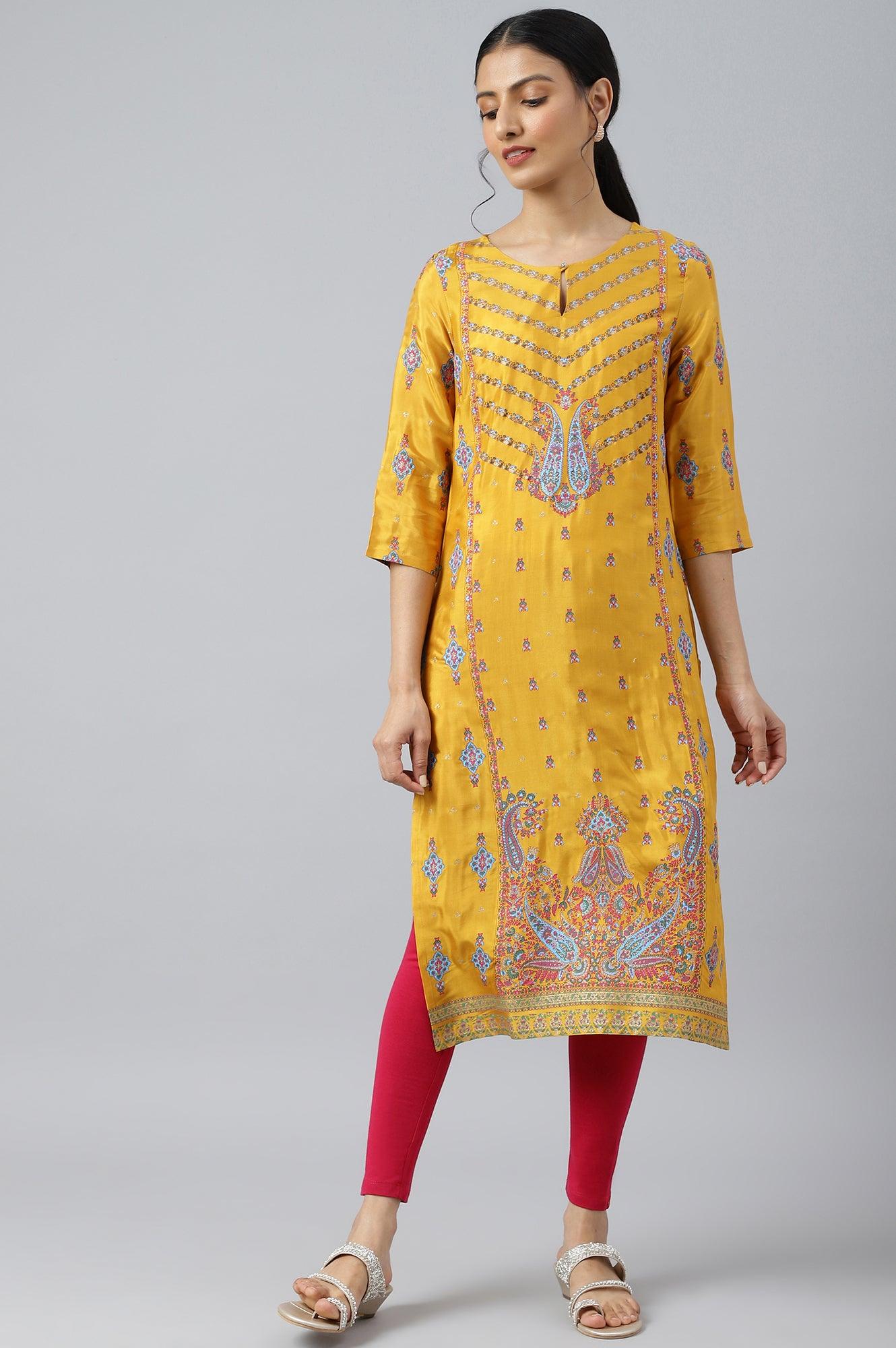 Mustard Glitter Printed Shantung kurta - wforwoman
