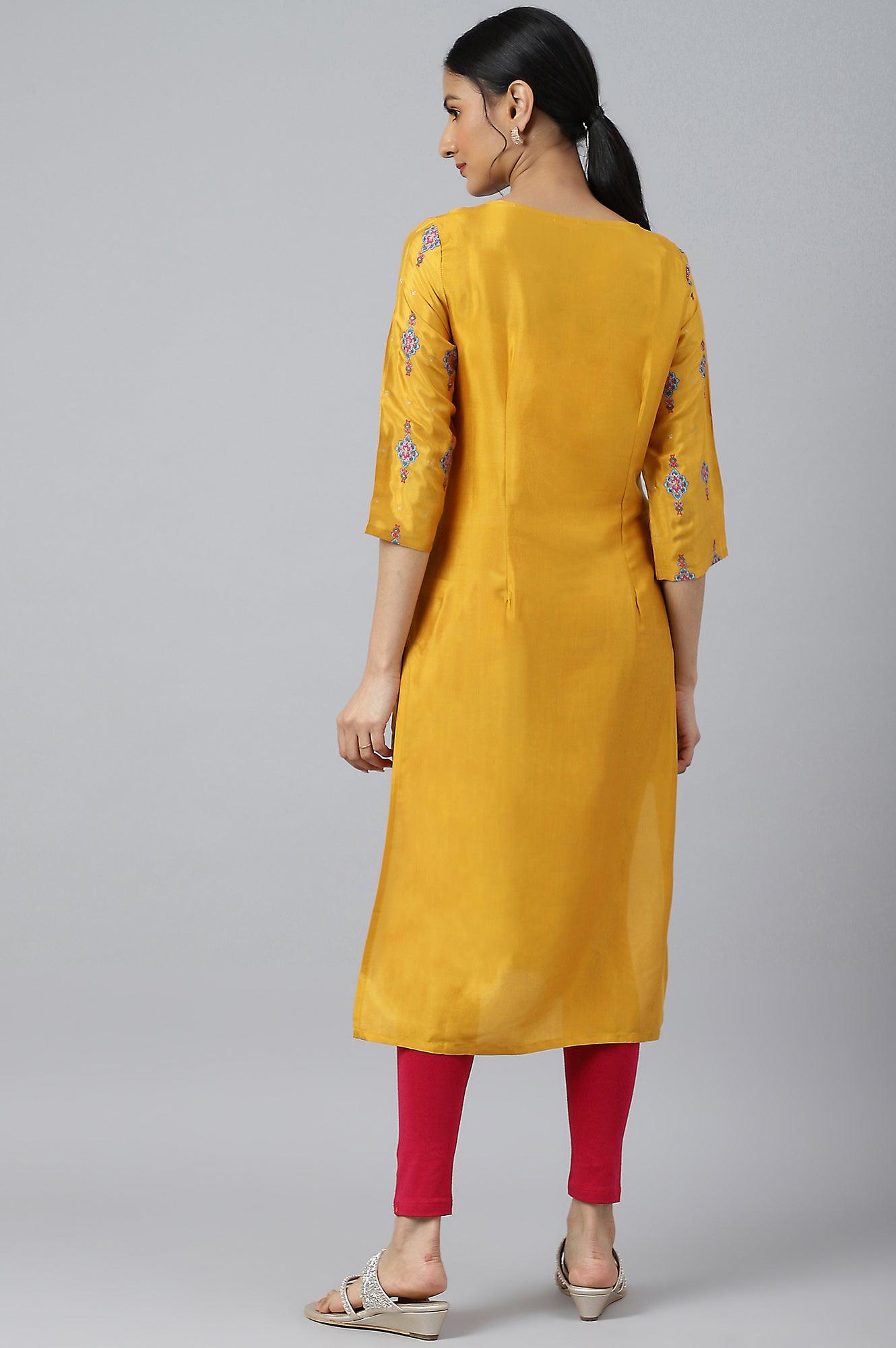 Mustard Glitter Printed Shantung kurta - wforwoman