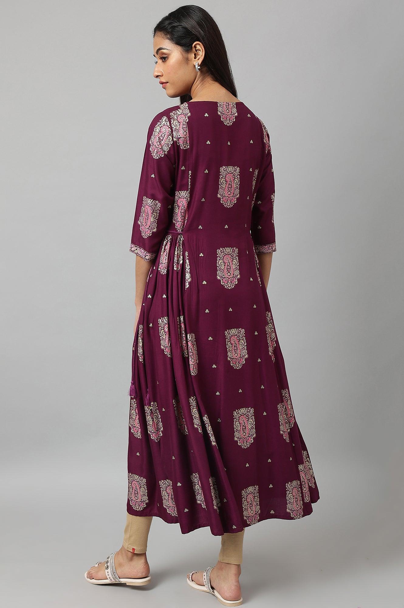 Purple Paisley Print kurta With Sequin Highlighting - wforwoman