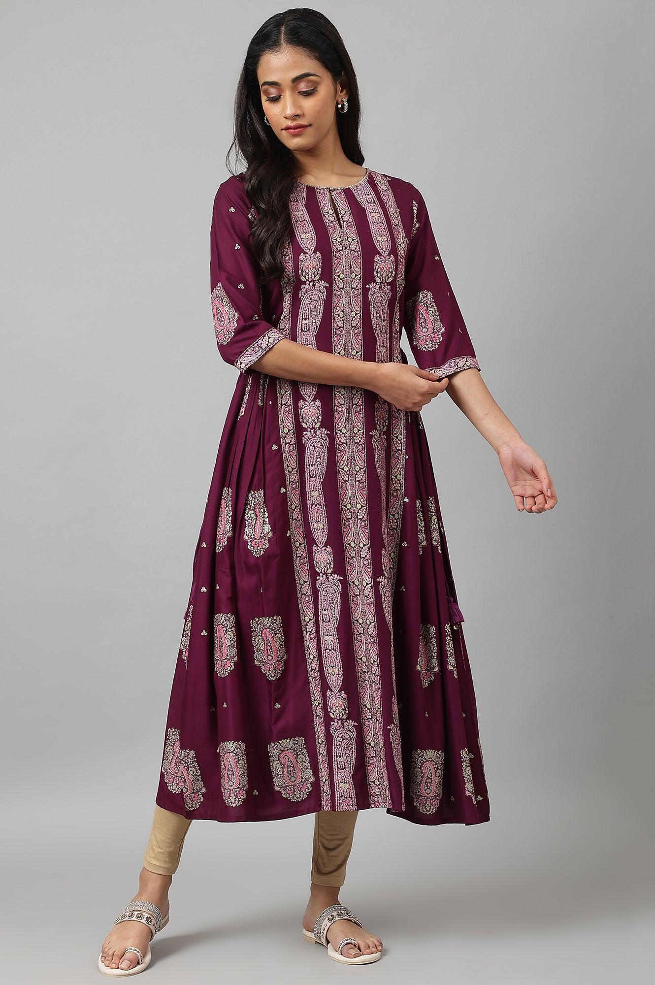 Purple Paisley Print kurta With Sequin Highlighting - wforwoman