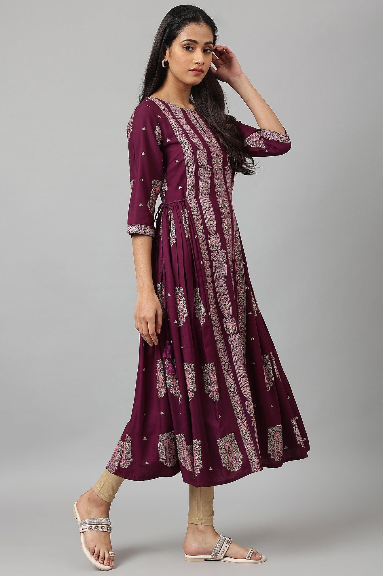 Purple Paisley Print kurta With Sequin Highlighting - wforwoman